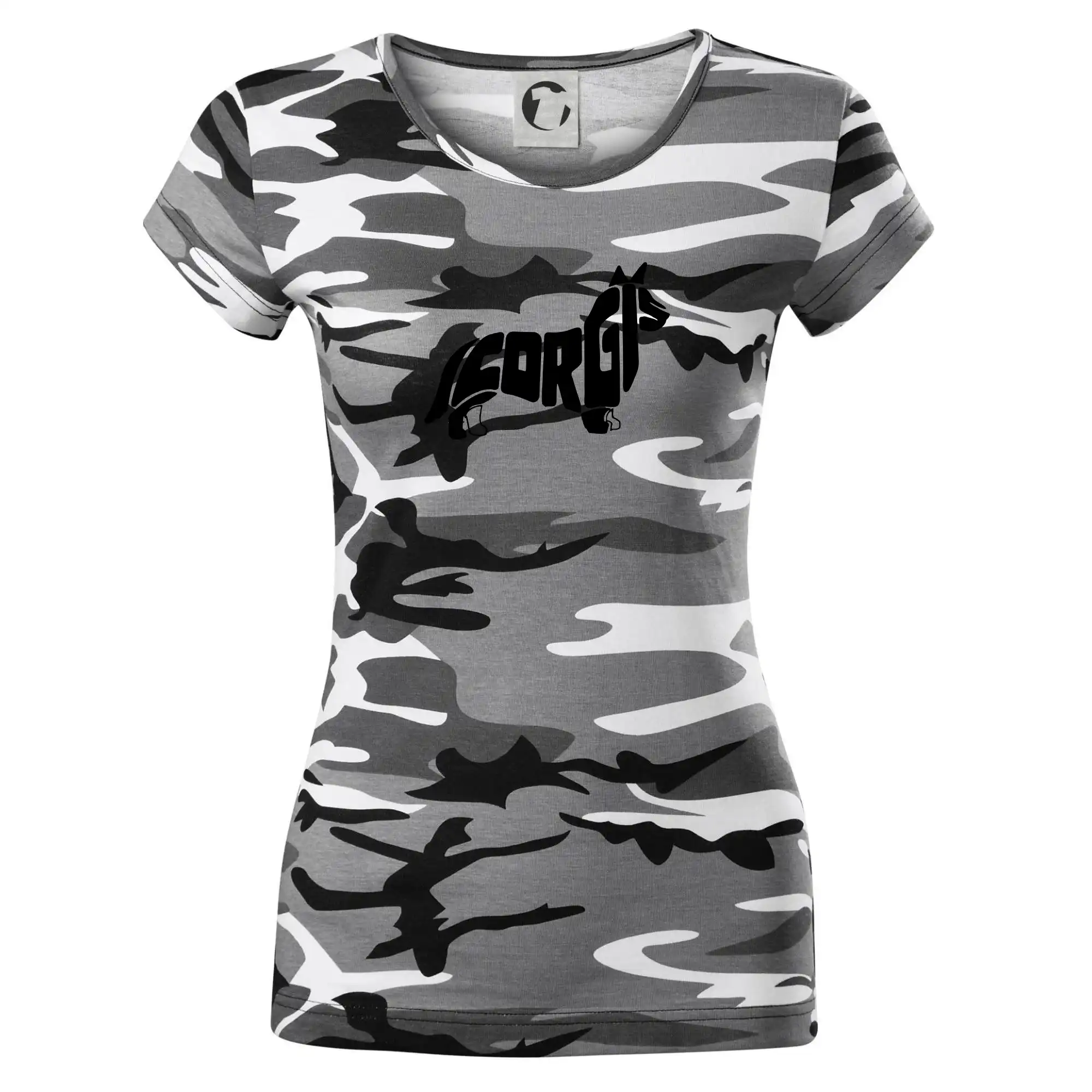 Ostatné psie plemená - Corgi - nápis v tele - Dámske maskáčové tričko