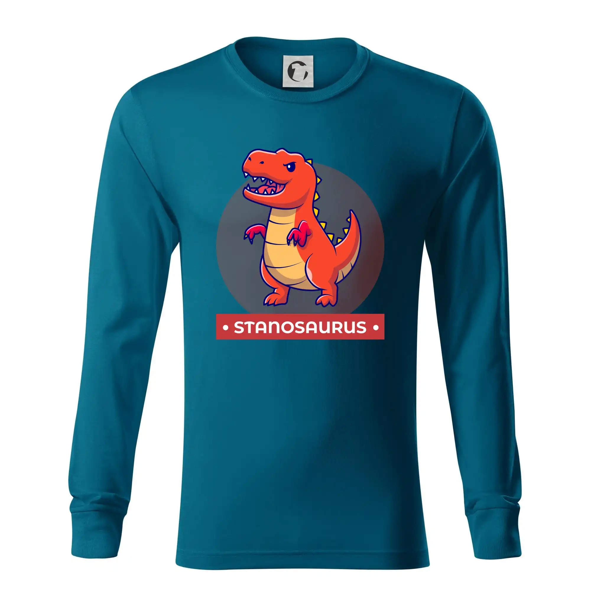 Detské tričká, mikiny a body s originálnymi potlačami | Veselé motívy pre chlapcov aj dievčatá - Dinosaurie mená - oranžový dinosaurus - Tričko s dlhým rukávom LS R05