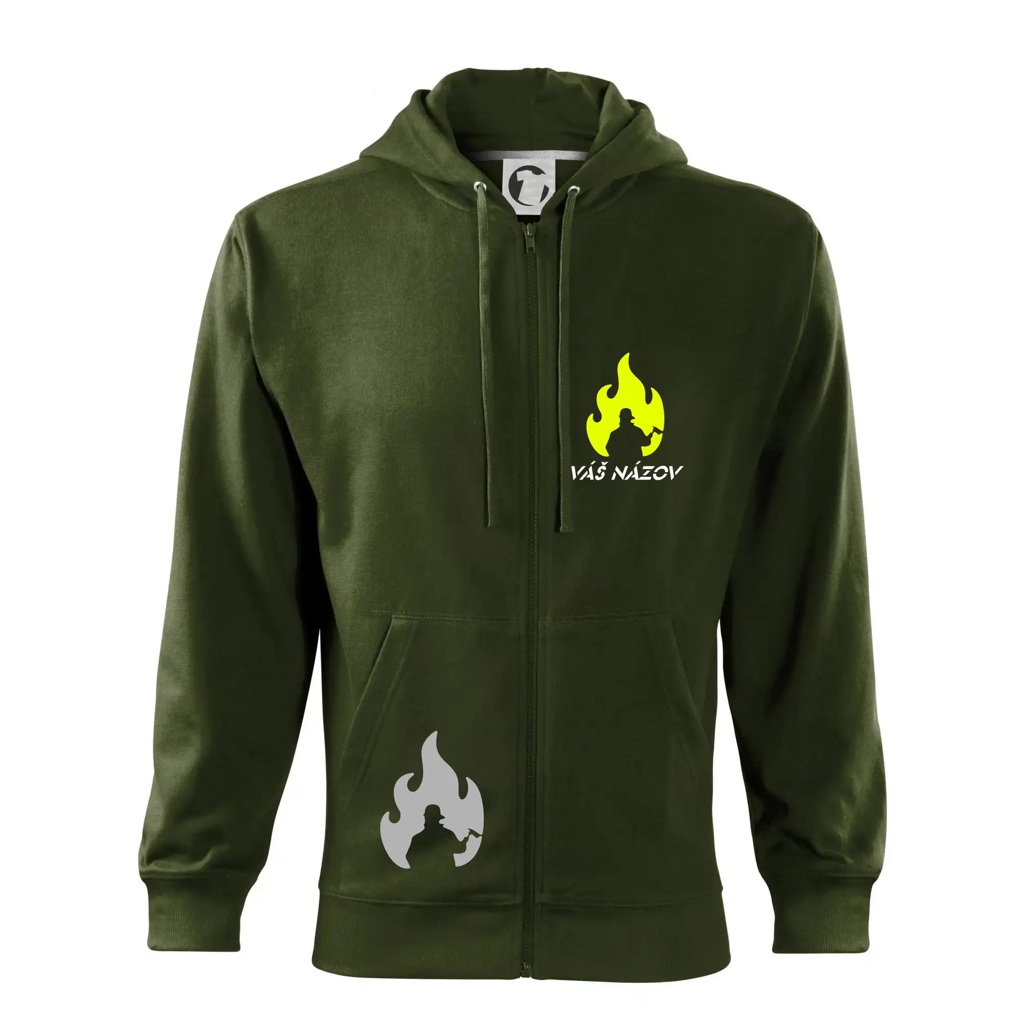 Originálne tričká pre hasičov - Hasiči - oheň - Váš názov - Prsník + chrbát - Mikina s kapucňou na zips trendy zipper