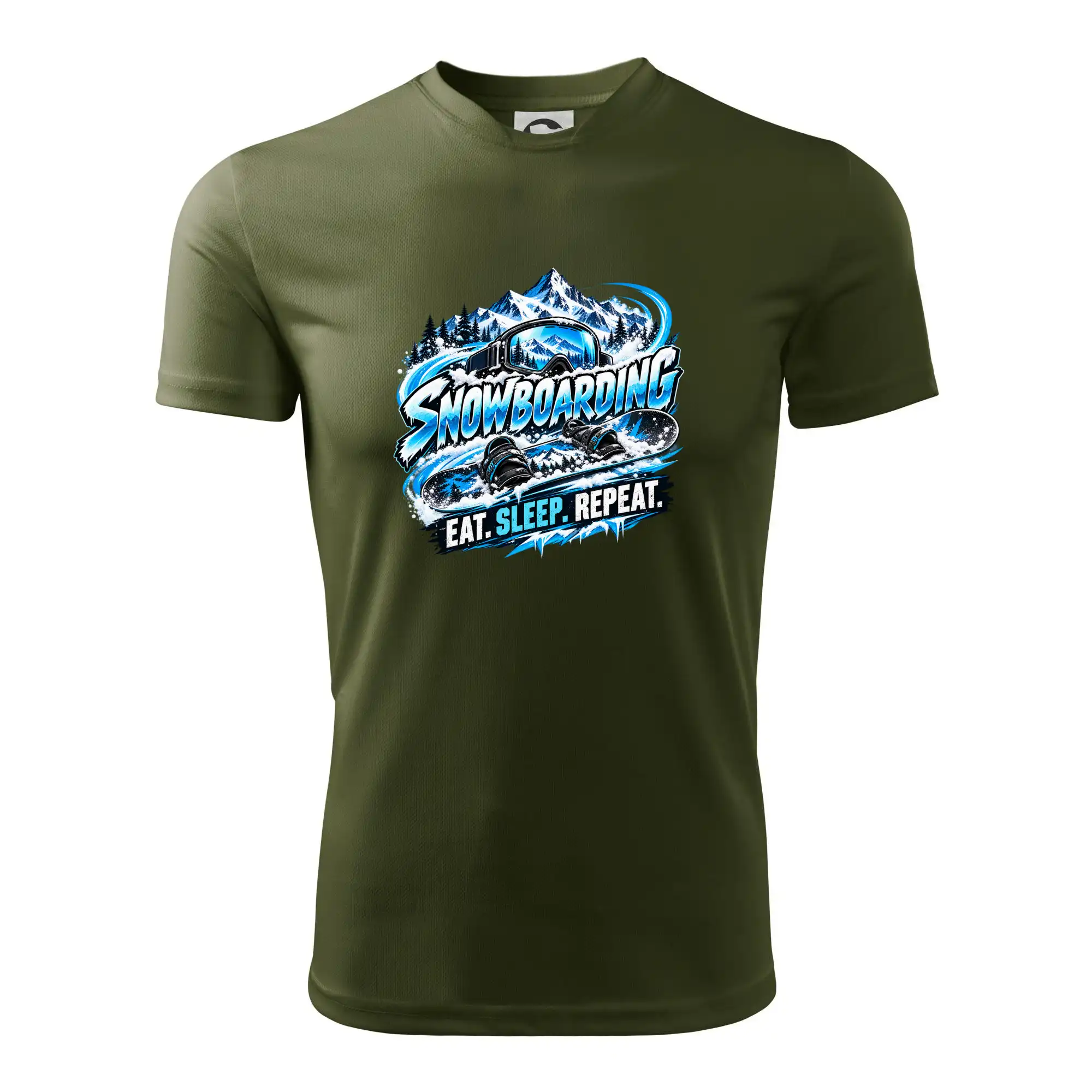 Snowboard s horským sněhem eat sleep repeat