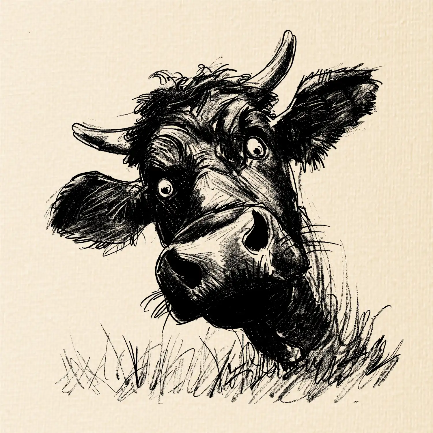 Černobílá karikatura černá kráva hlava