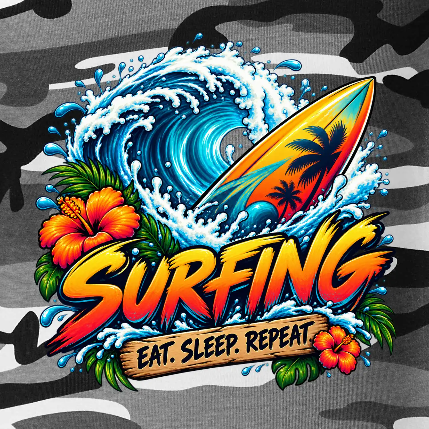 Surfové prkno a mořská vlna eat sleep repeat