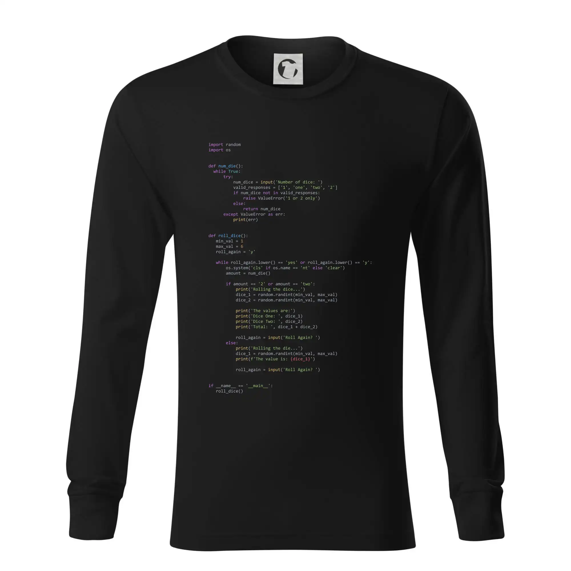 Tričká pre ajťákov - Python Generátor hodu kockou - Tričko s dlhým rukávom LS R05