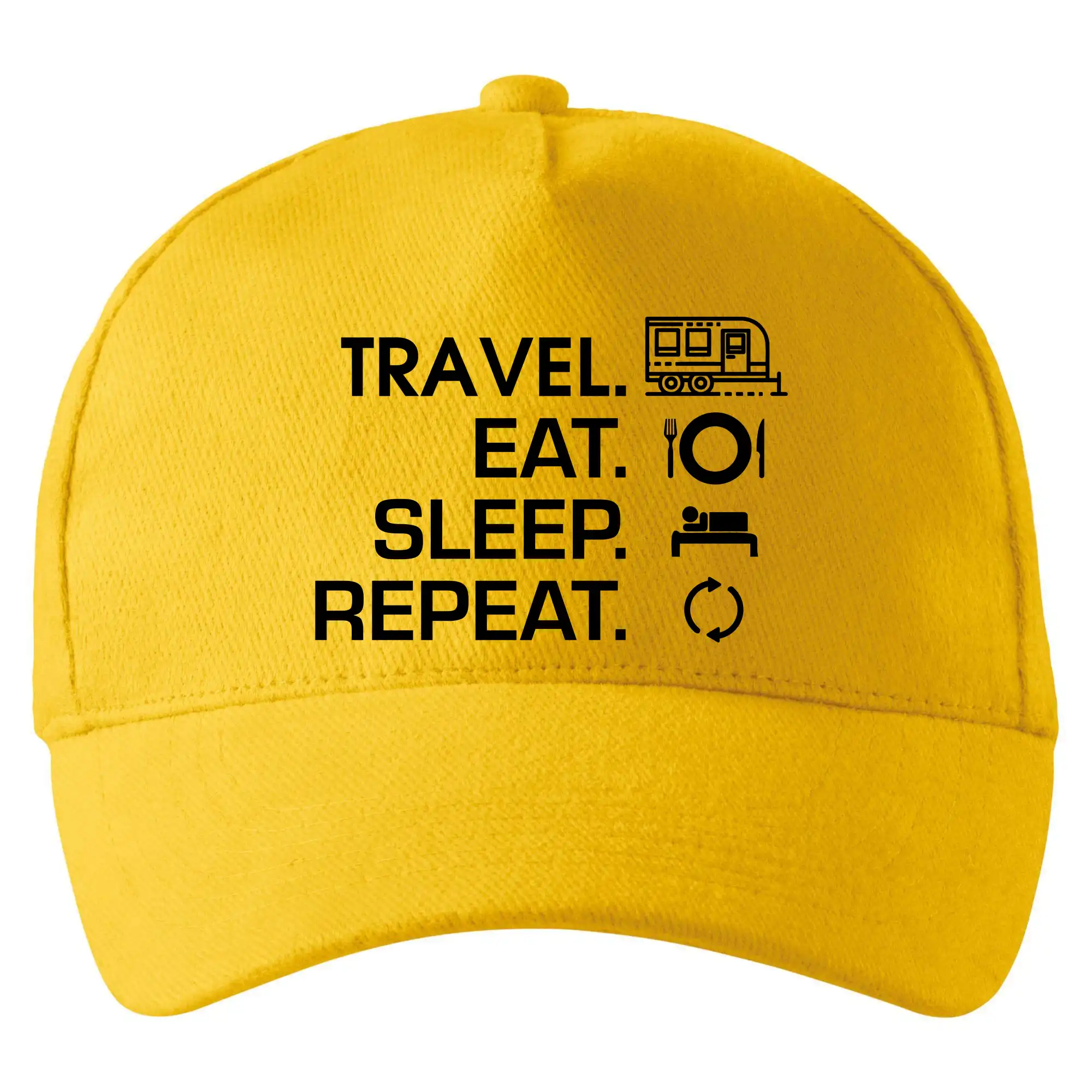 Trička na kempovanie - Eat sleep travel - Veľký príves - Šiltovka so zahnutým šiltom a mosaznou sponou