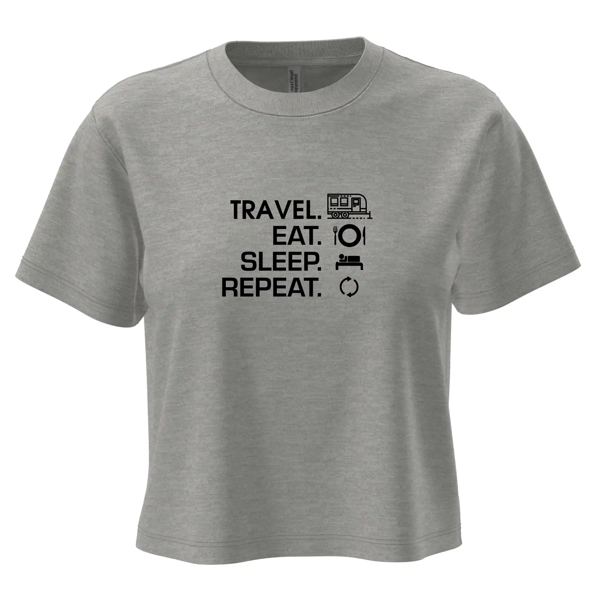 Trička na kempovanie - Eat sleep travel - Veľký príves - Boxy cropped tričko OVERSIZE