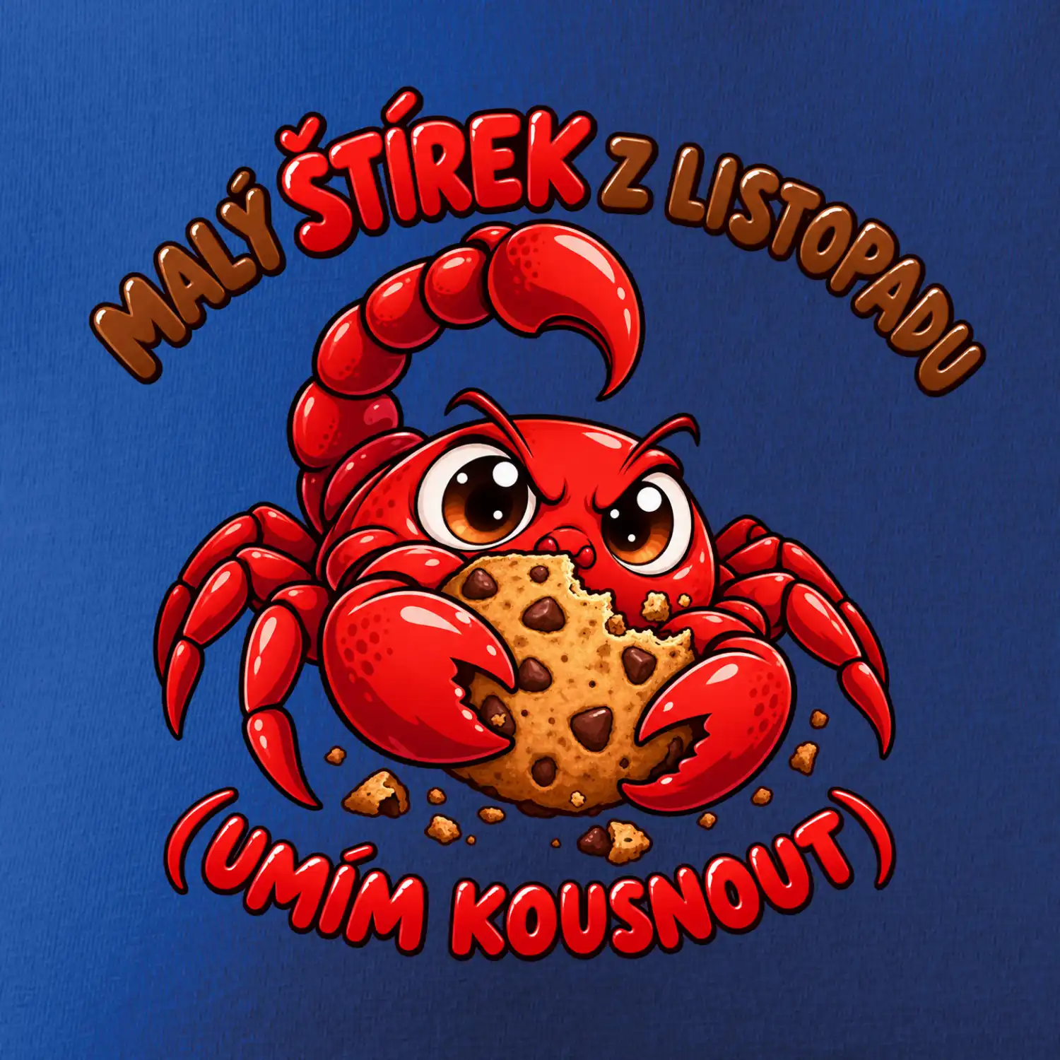 Malý listopadový štírek chrání čokoládovou sušenku