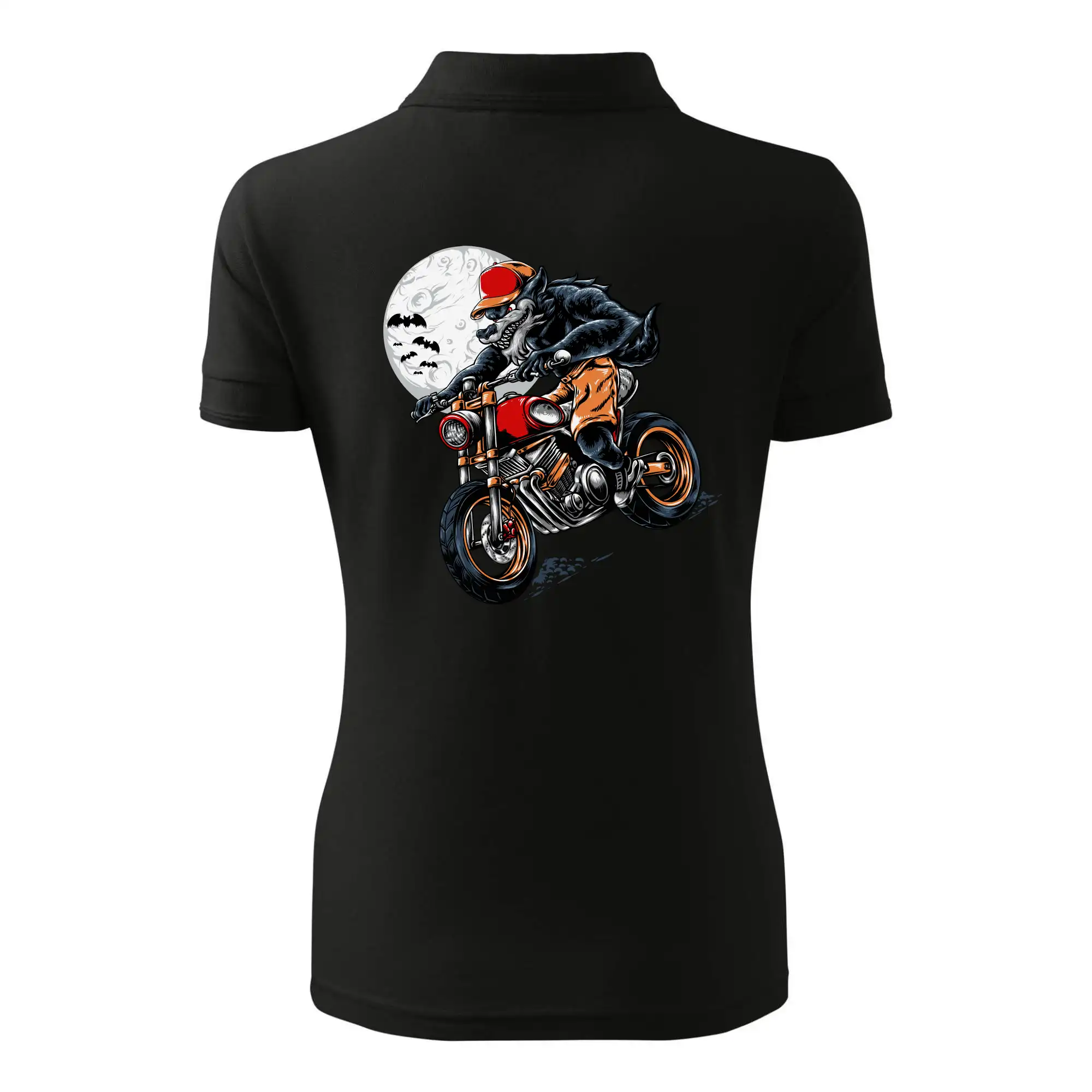 Kreslený vlk na motorce