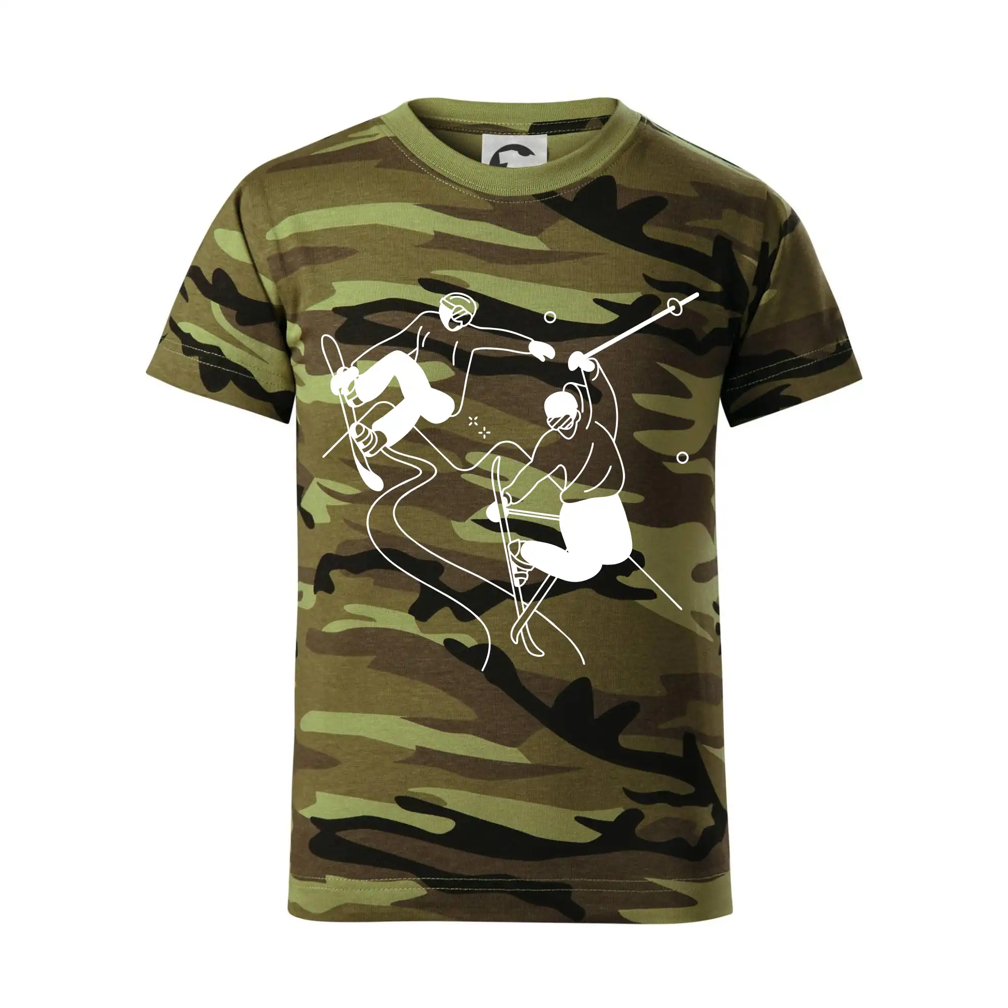 Lyže a Snowboard - Lyžovanie - kreslené obrázok - Detské maskáčové tričko