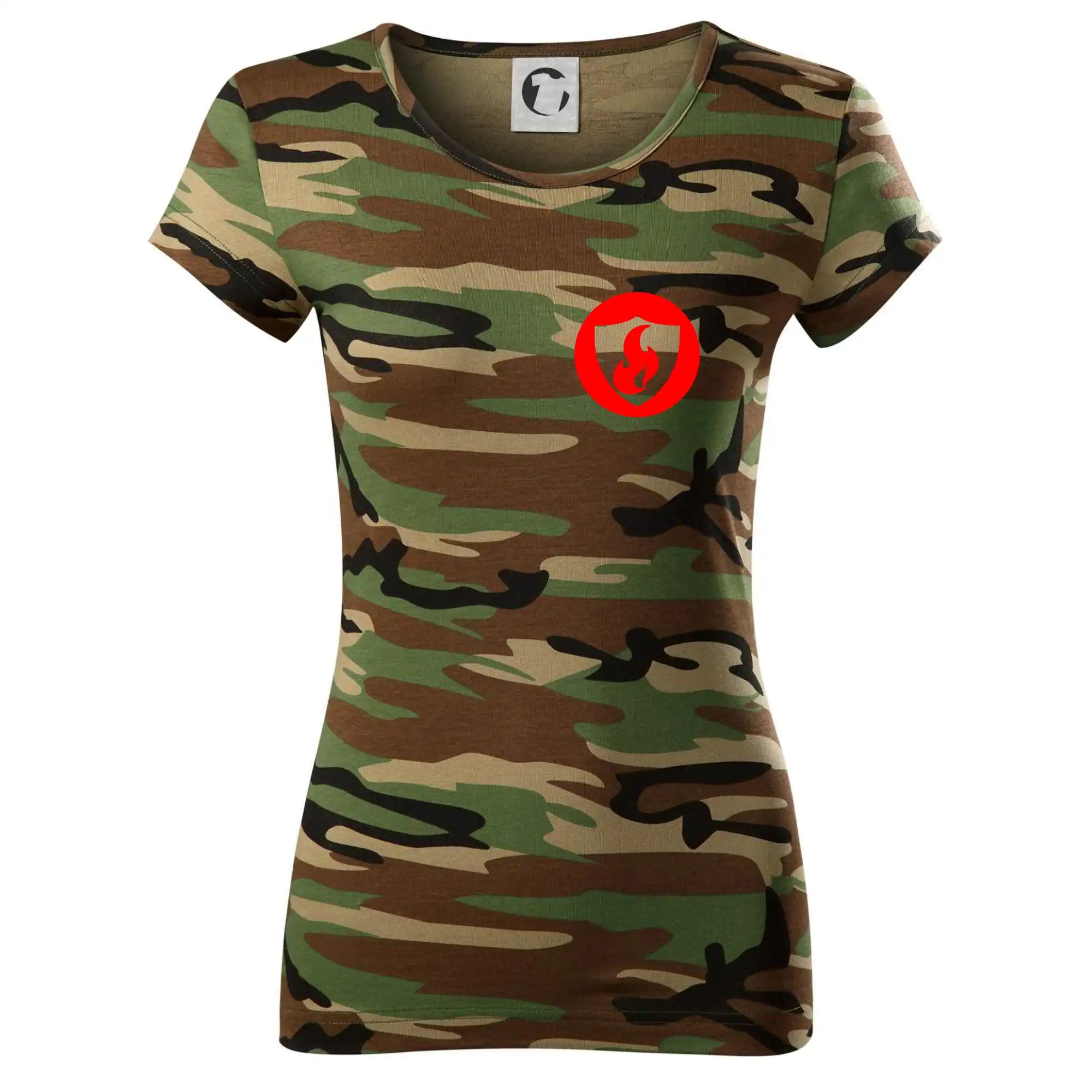 Originálne tričká pre hasičov - Erb plameň na prso - Dámske maskáčové tričko