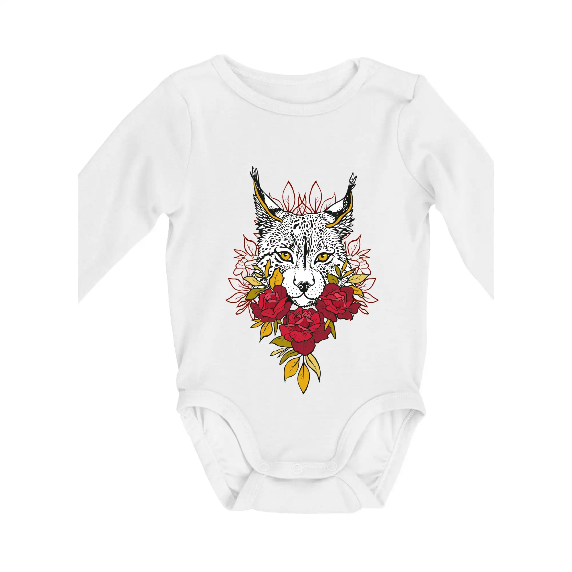 Tričká so zvieratami - Rys s červenými ružami (Pecka design) - Body dojčenské s dlhým rukávom
