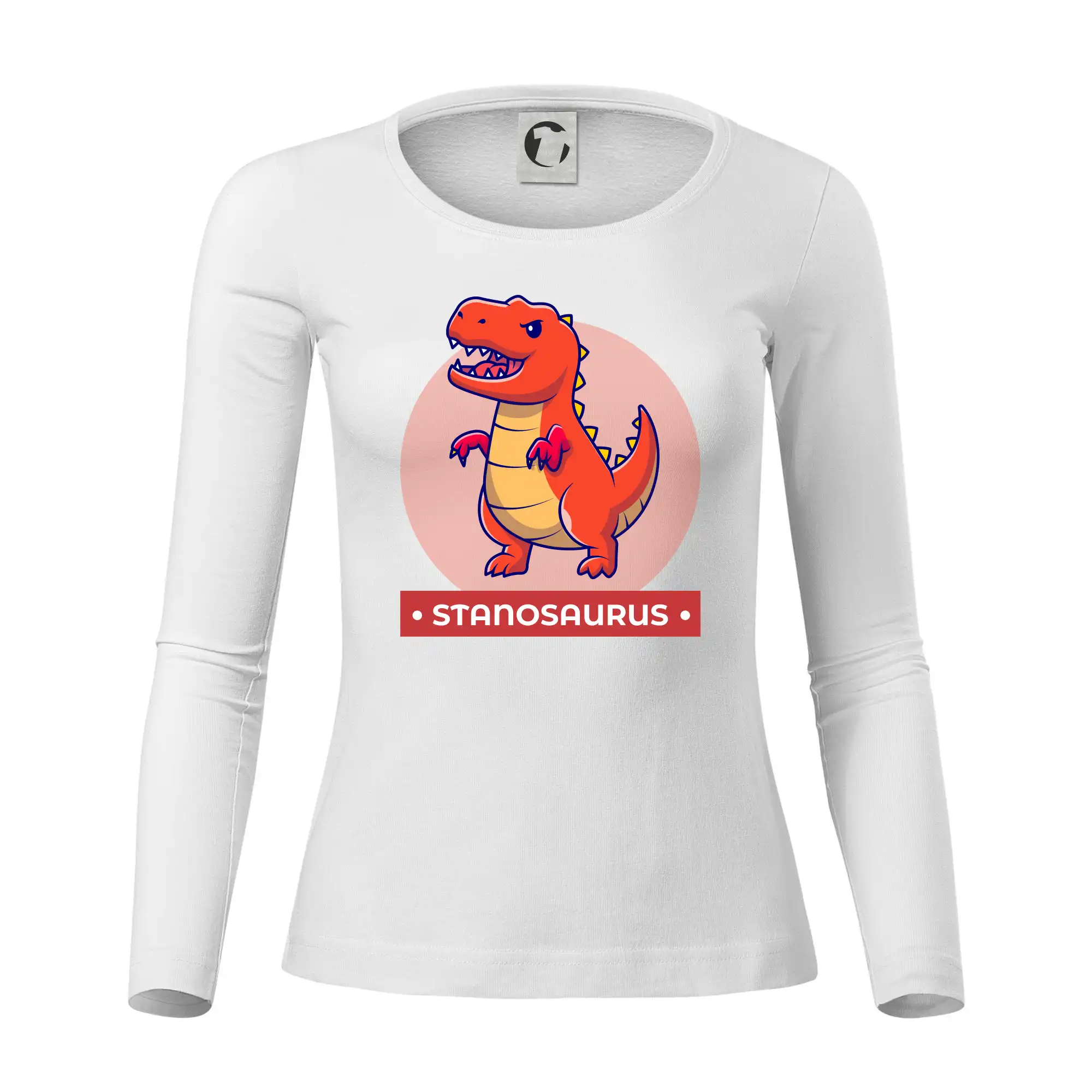 Detské tričká, mikiny a body s originálnymi potlačami | Veselé motívy pre chlapcov aj dievčatá - Dinosaurie mená - oranžový dinosaurus - Dámske tričko FIT-T LS - zužené