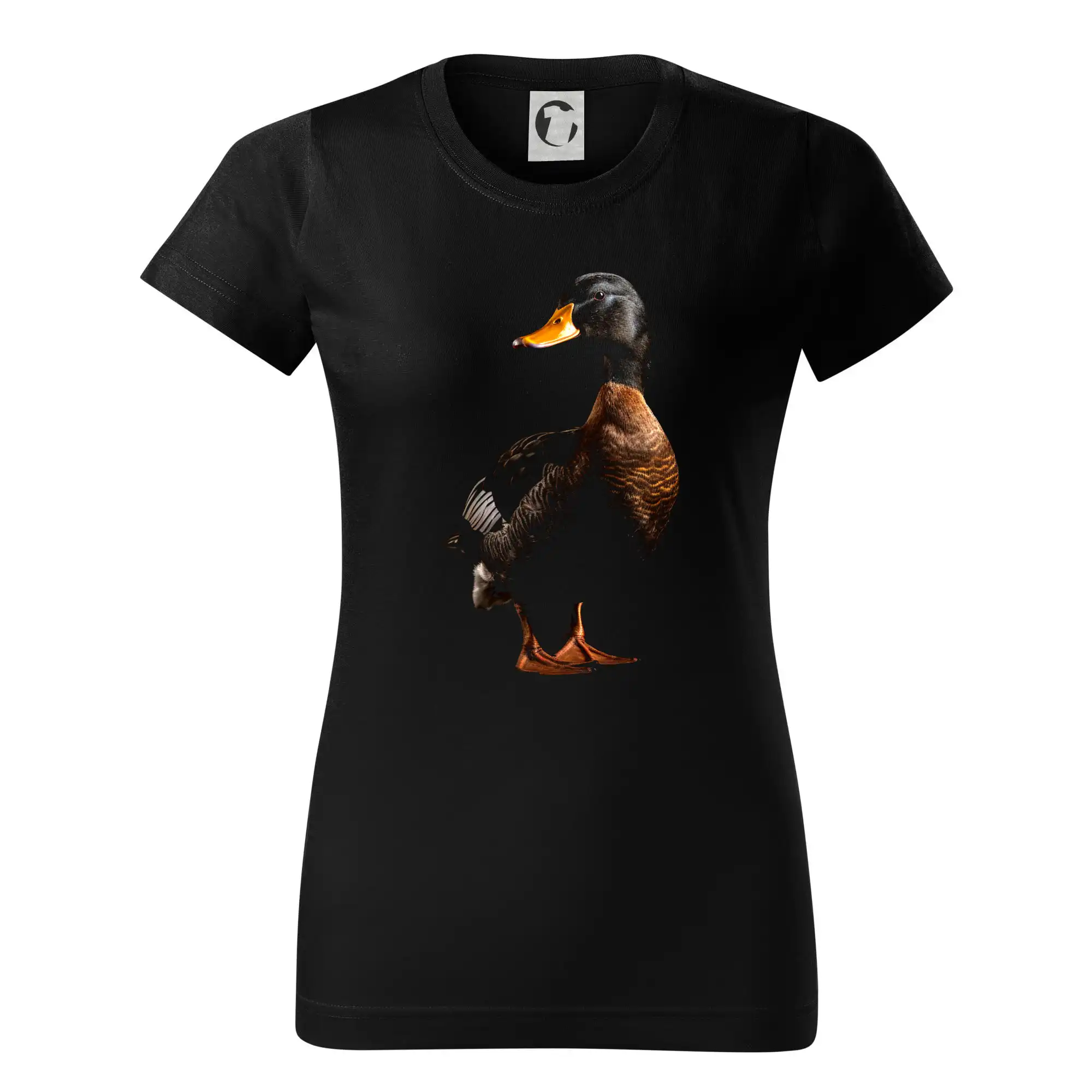 Tričká so zvieratami - Kačica stojaca čierna fotka - Dámske tričko basic - ľahko voľnejšie a dlhšie