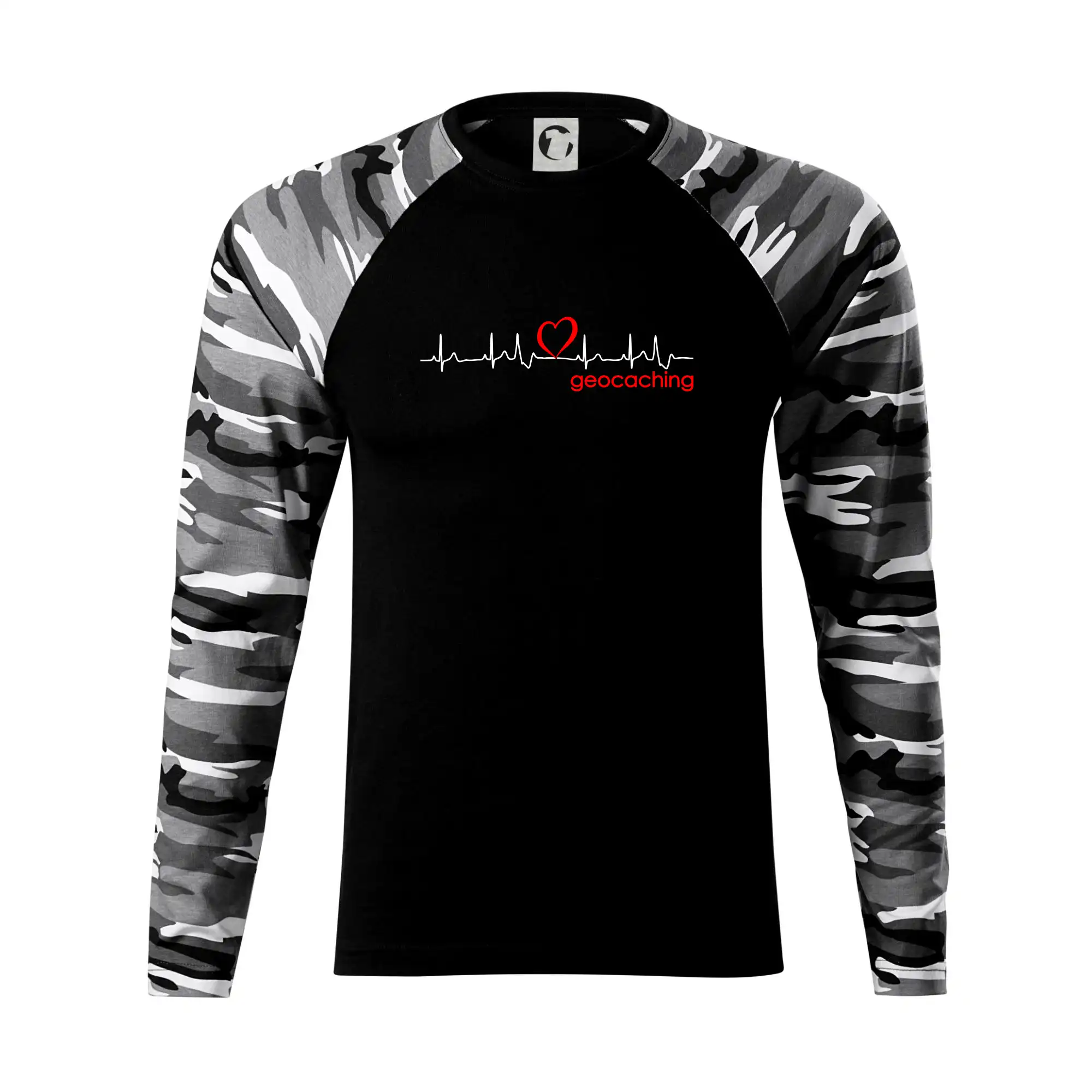 Tričká na geocaching - Moje srdce bije pre Geocaching -Text - Camouflage LS