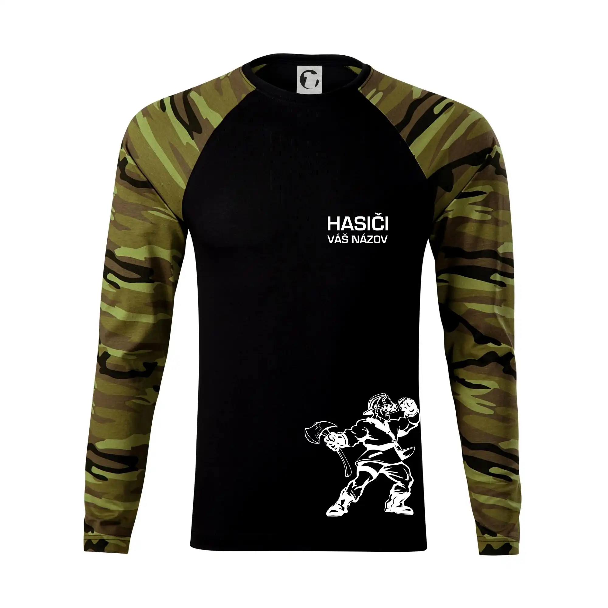 Originálne tričká pre hasičov - Hasič postava - vlastný názov - Camouflage LS
