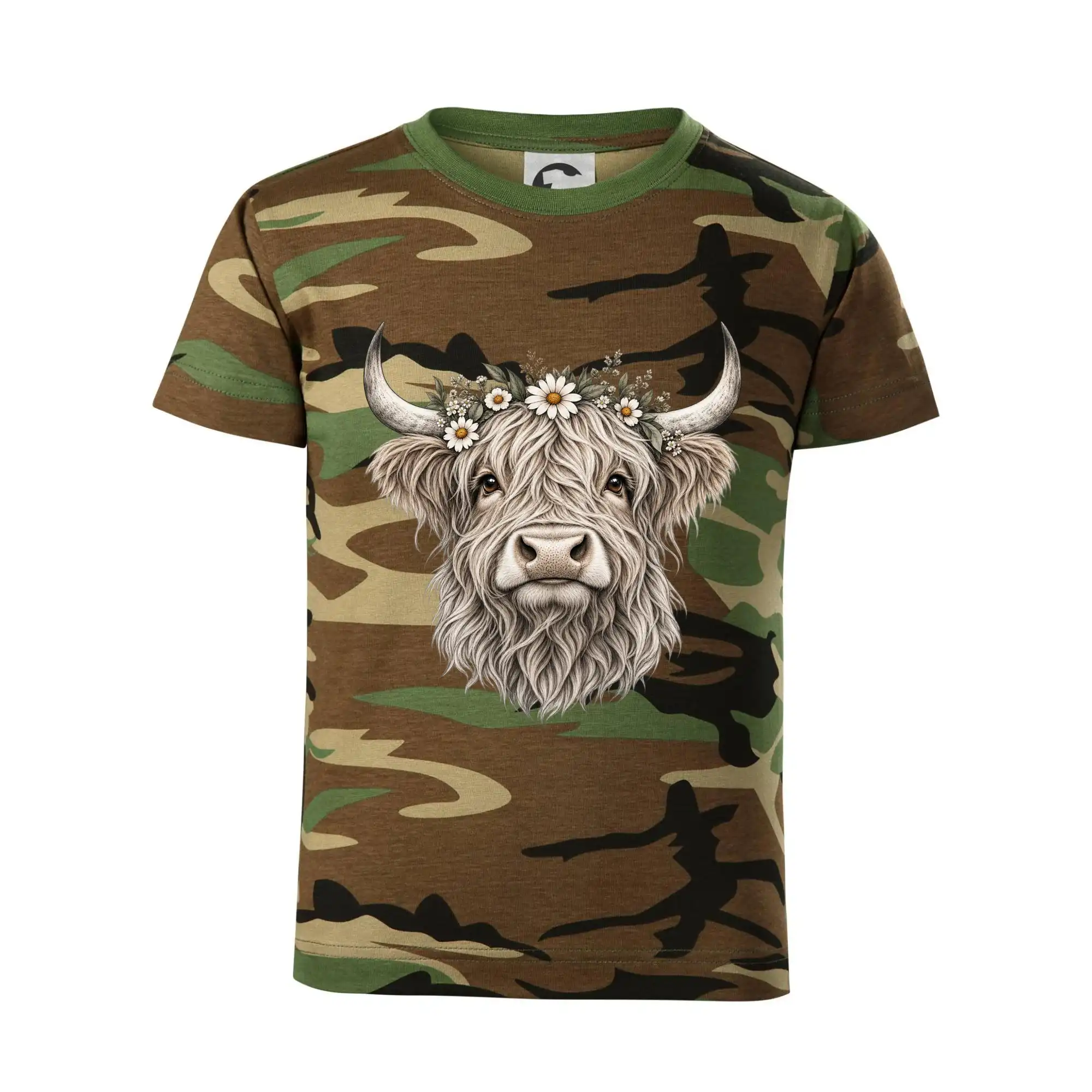 Highlandská kráva s květinami