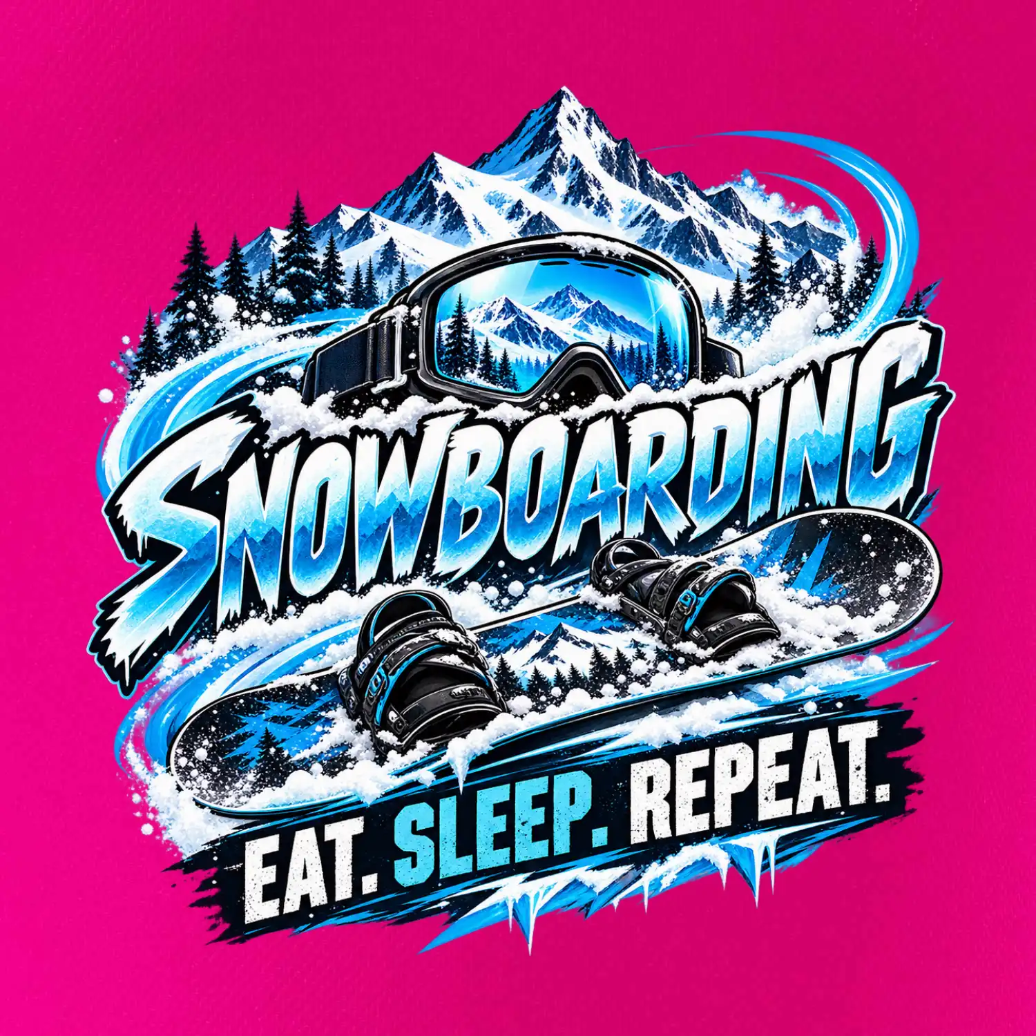 Snowboard s horským sněhem eat sleep repeat