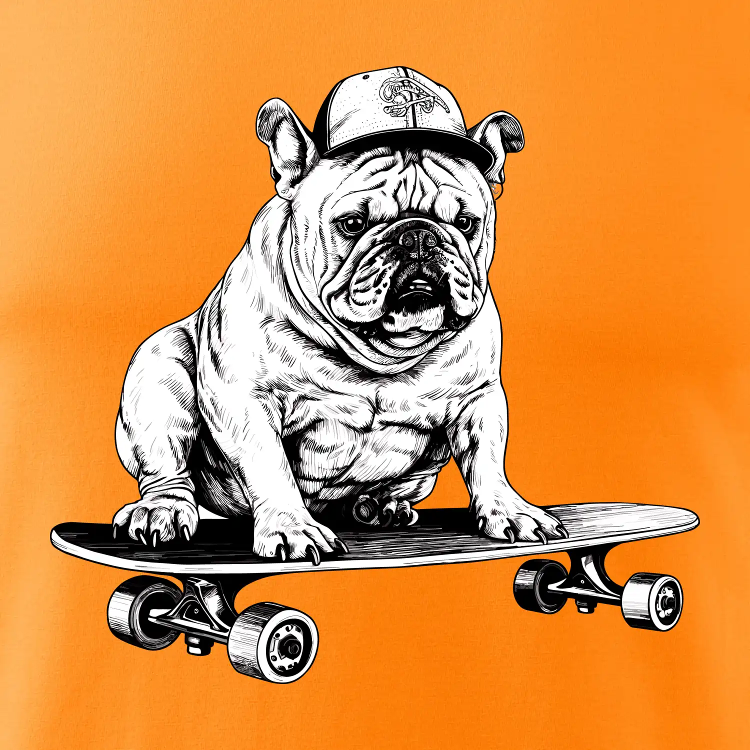 Černobílý buldok na skateboardu