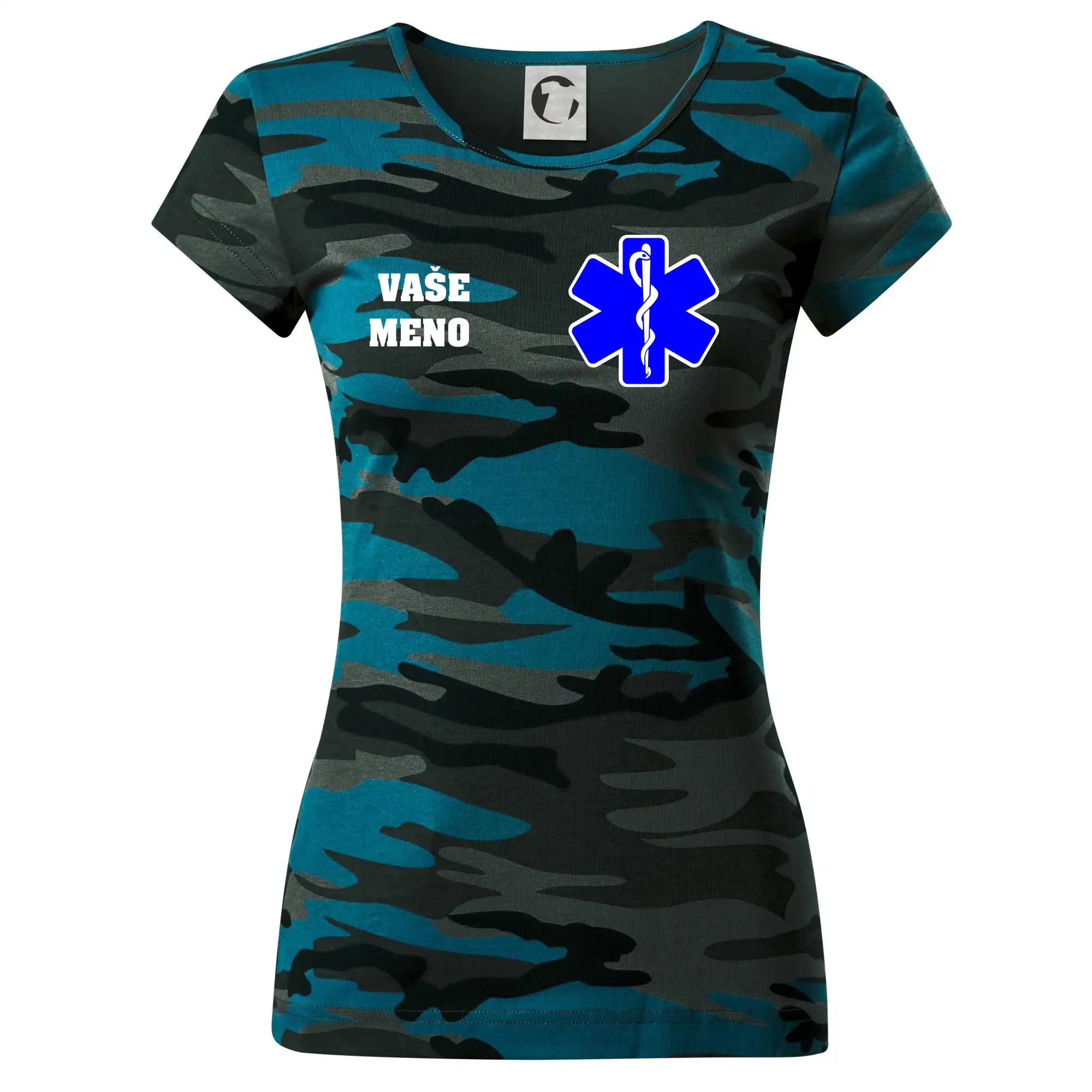 Originálne tričká pre hasičov - Rescue - Vaše meno - Dámske maskáčové tričko