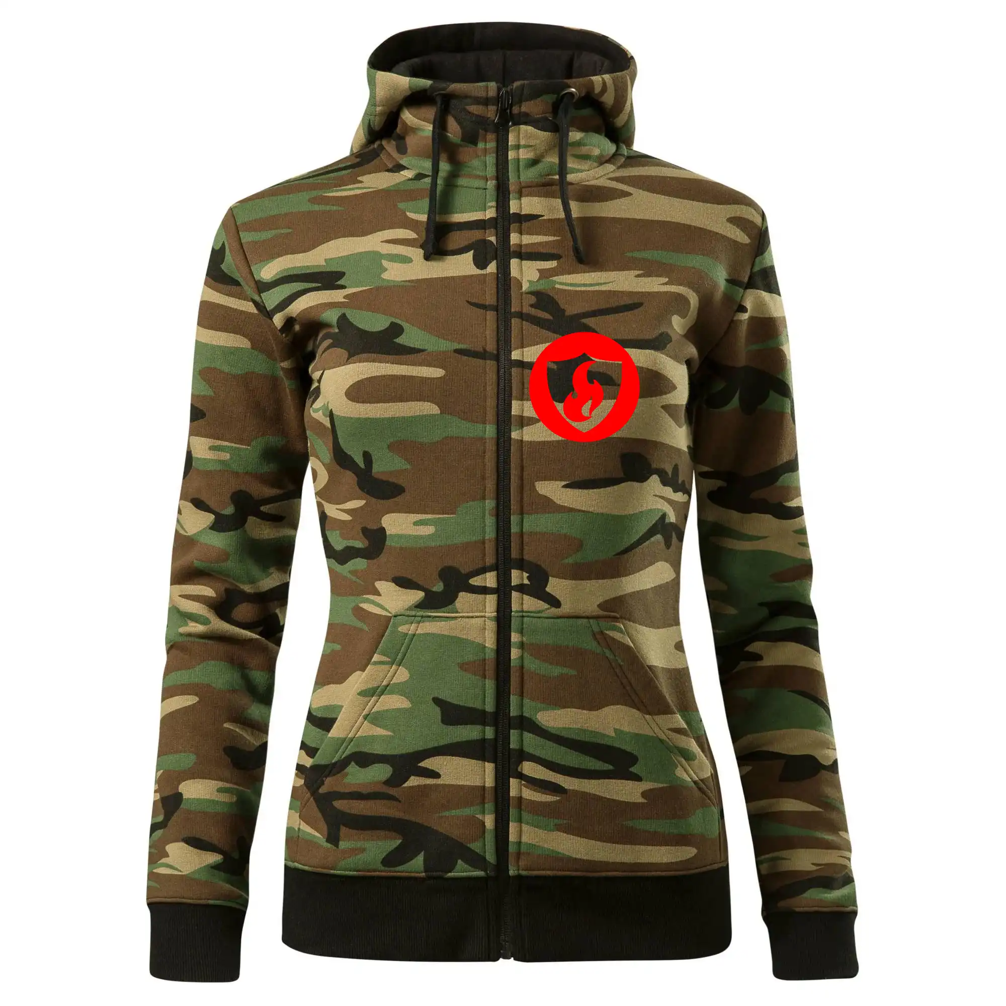 Originálne tričká pre hasičov - Erb plameň na prso - Mikina dámska trendy zipper s kapucňou