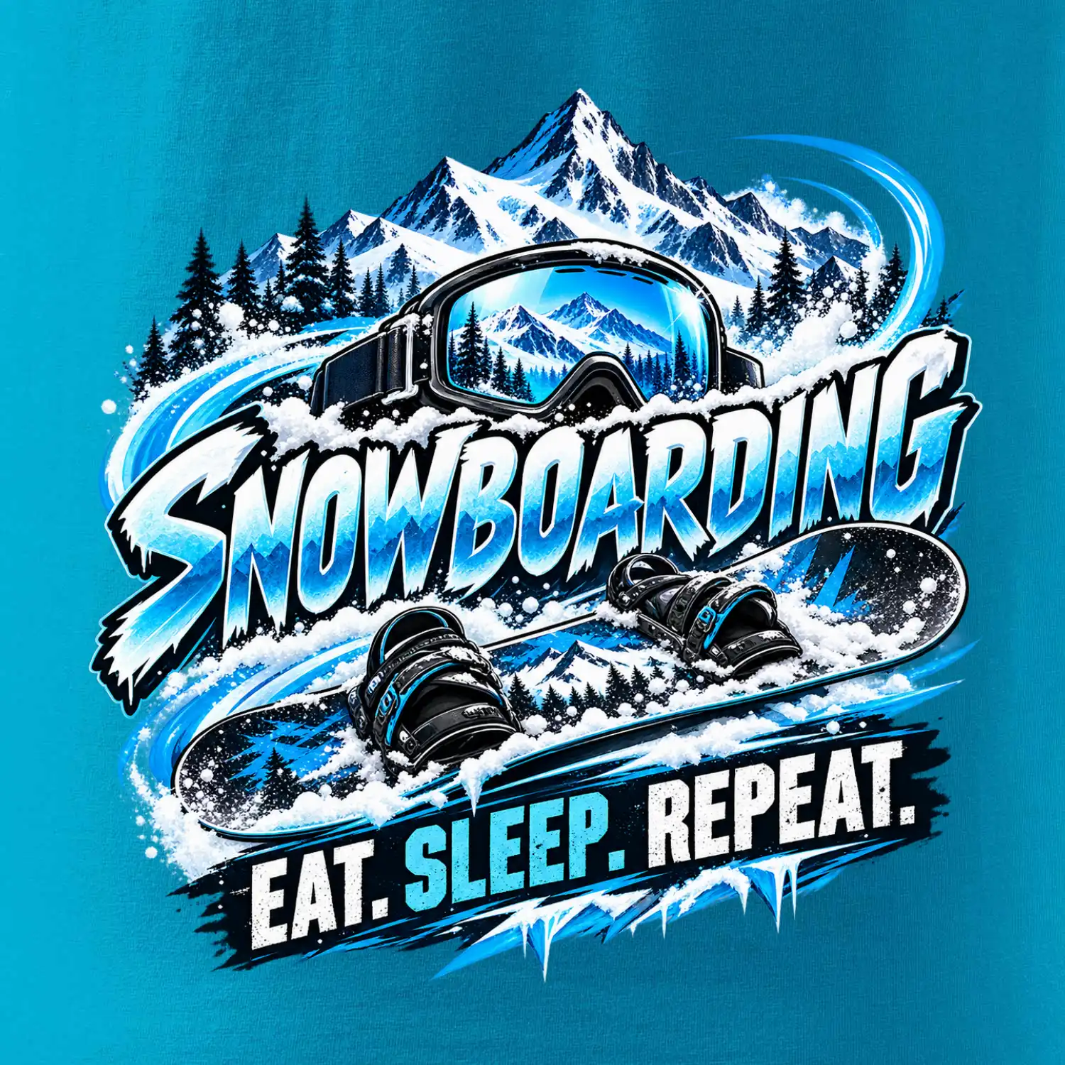 Snowboard s horským sněhem eat sleep repeat