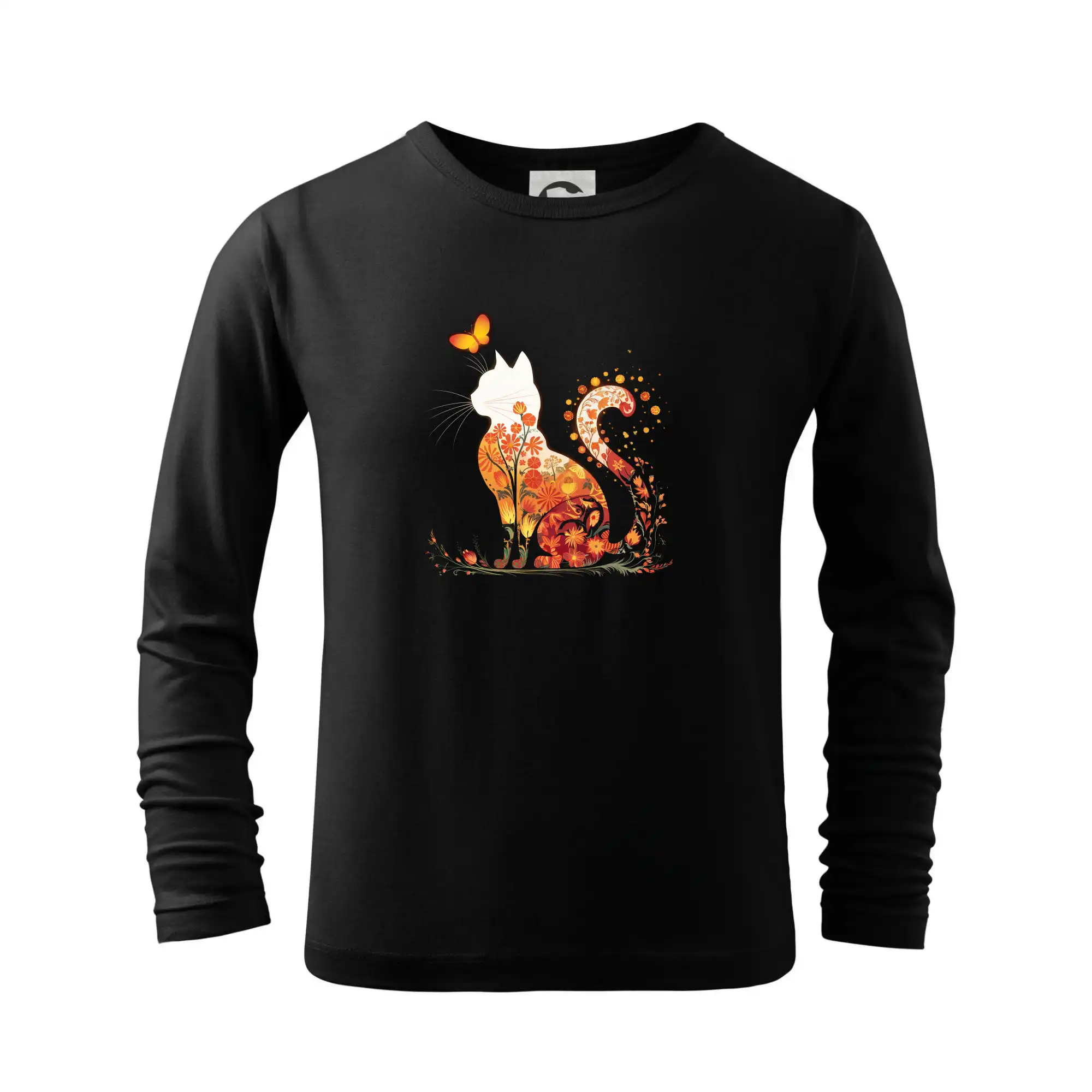 Vtipná tričká s mačkou - Kvetinová mačka a motýľ - Tričko detské Long Sleeve