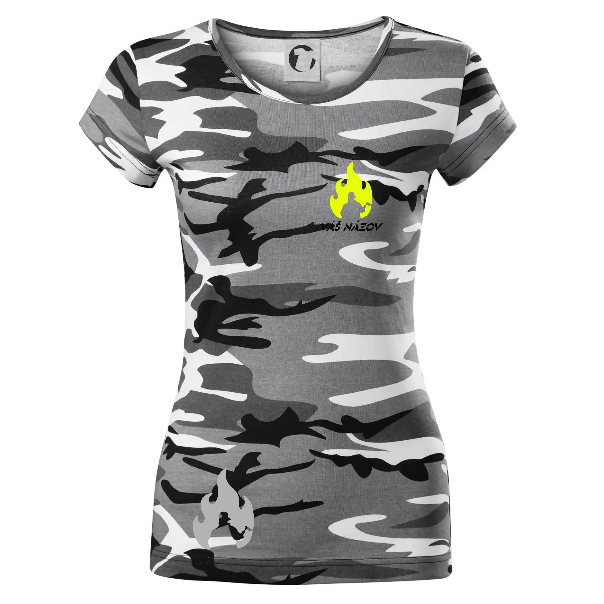 Originálne tričká pre hasičov - Hasiči - oheň - Váš názov - Prsník + chrbát - Dámske maskáčové tričko