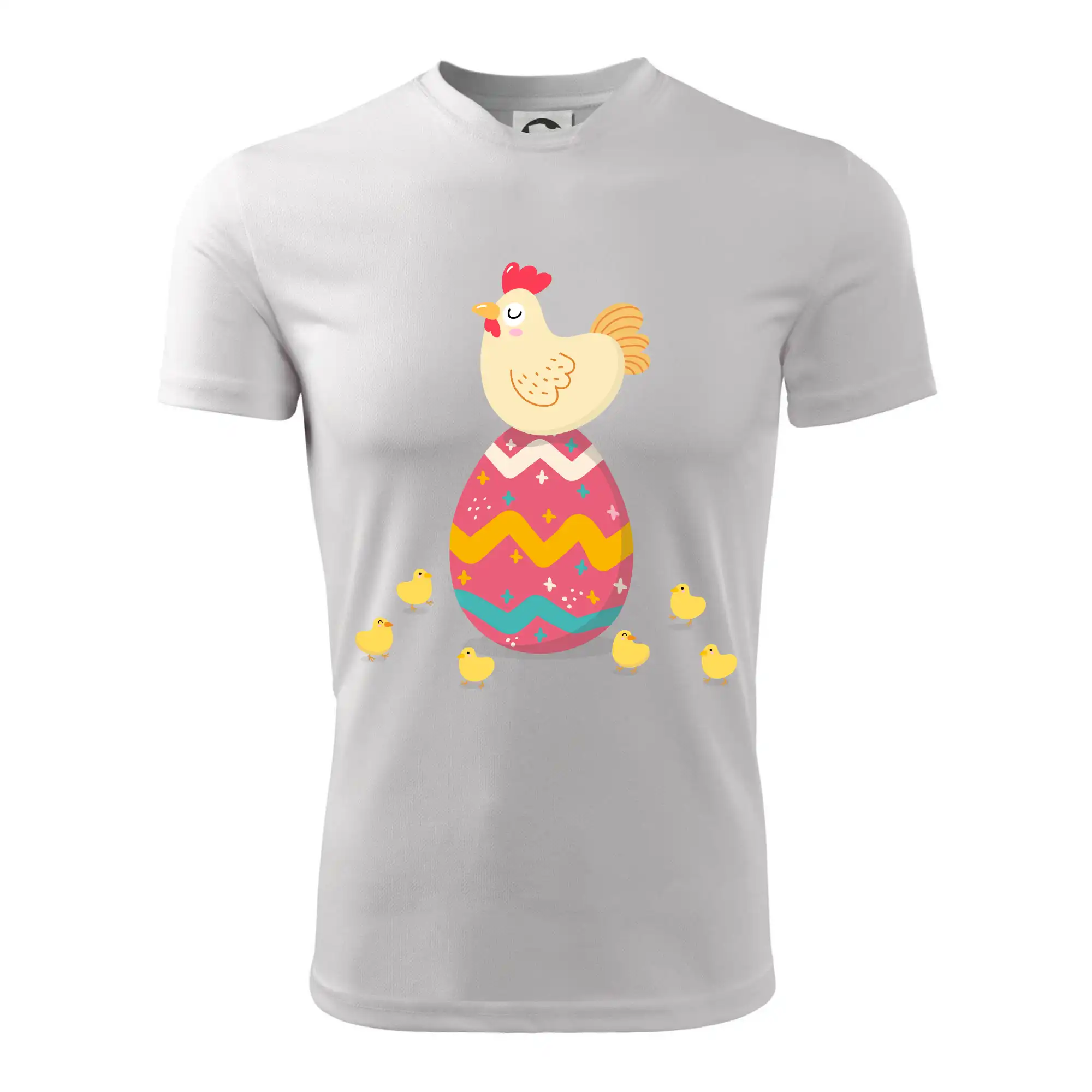 Slepice sedící na velikonočním vejci