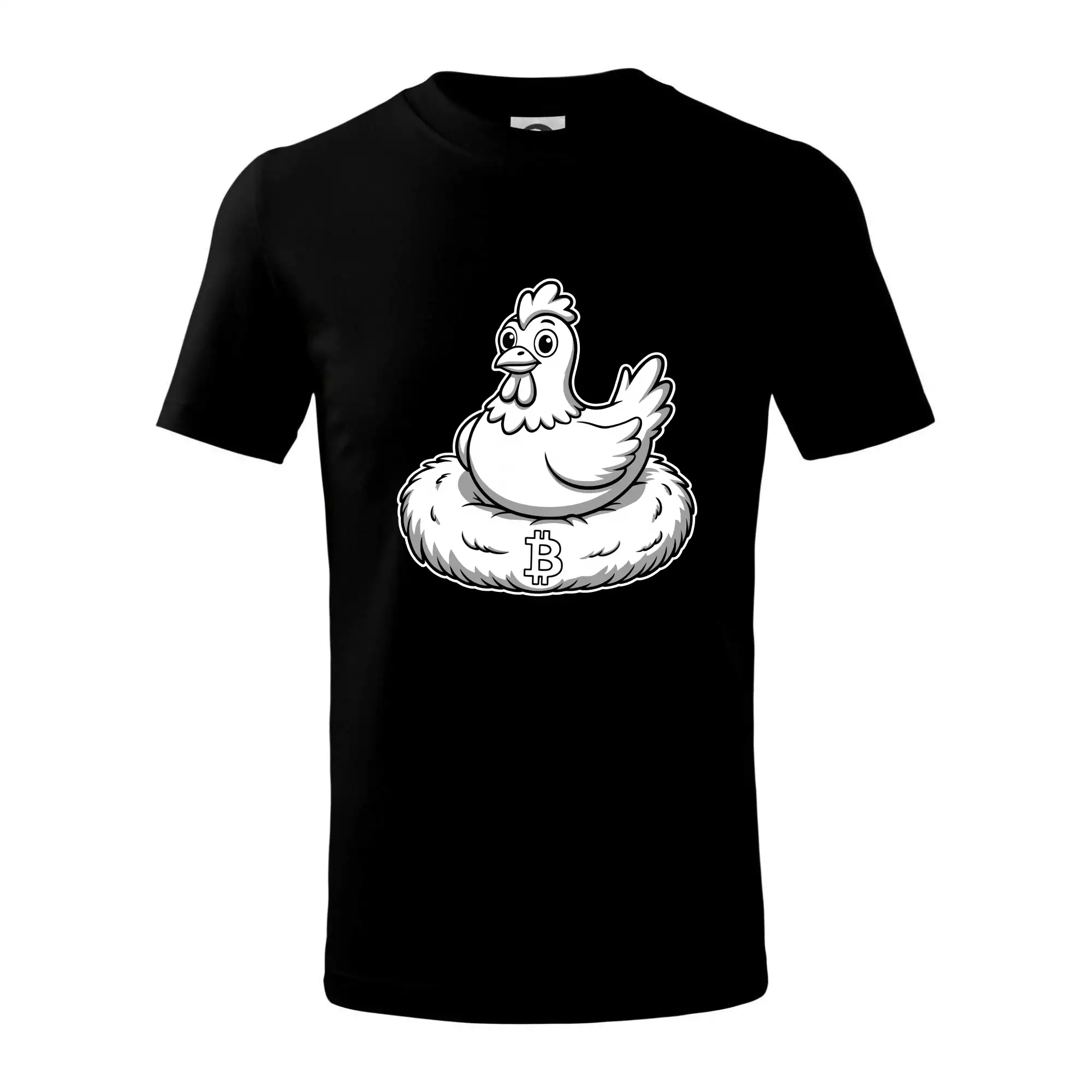 Kuře sedící na bitcoinovém hnízdě