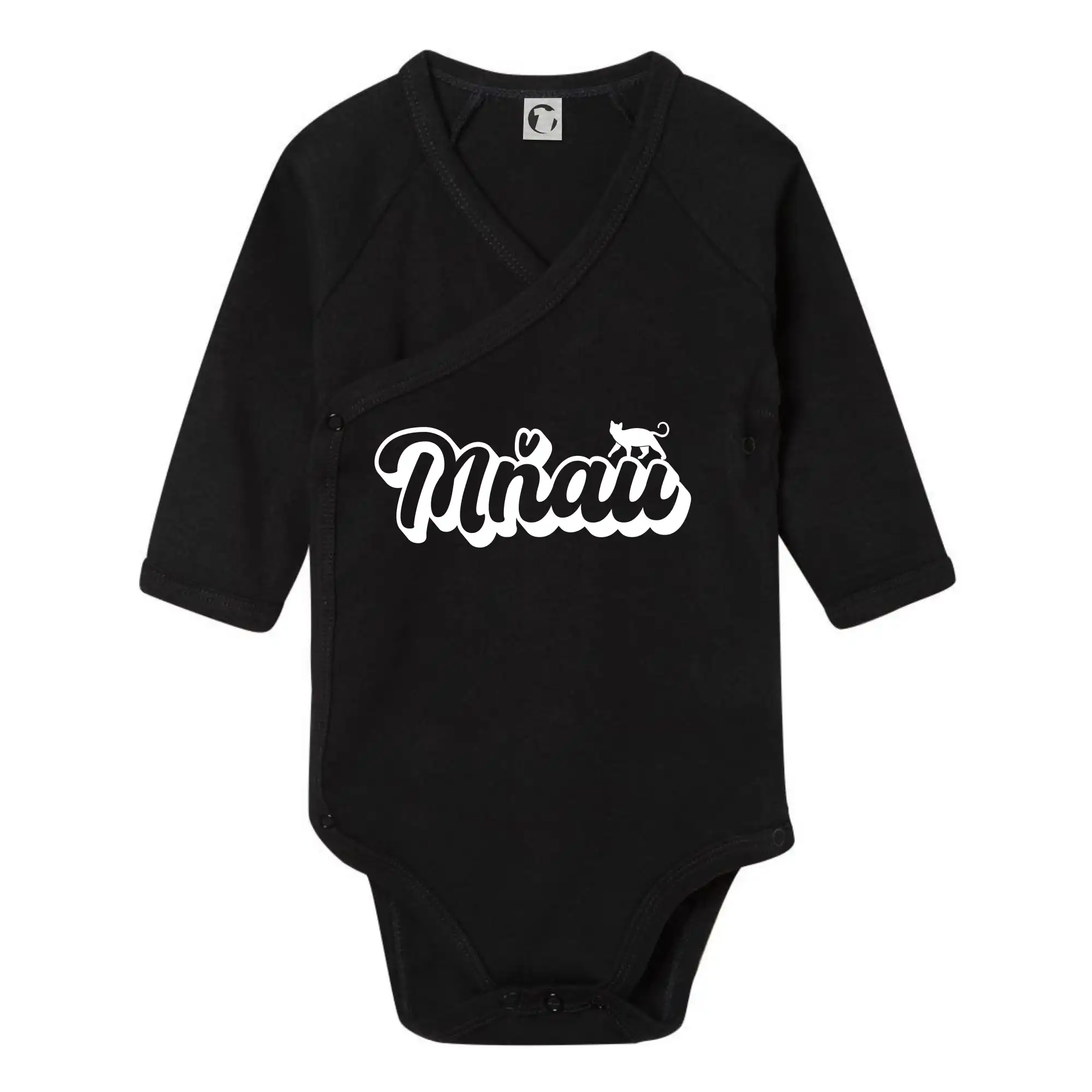 Vtipná tričká s mačkou - Mňau nápis - Body zavinovacie s dlhým rukávom