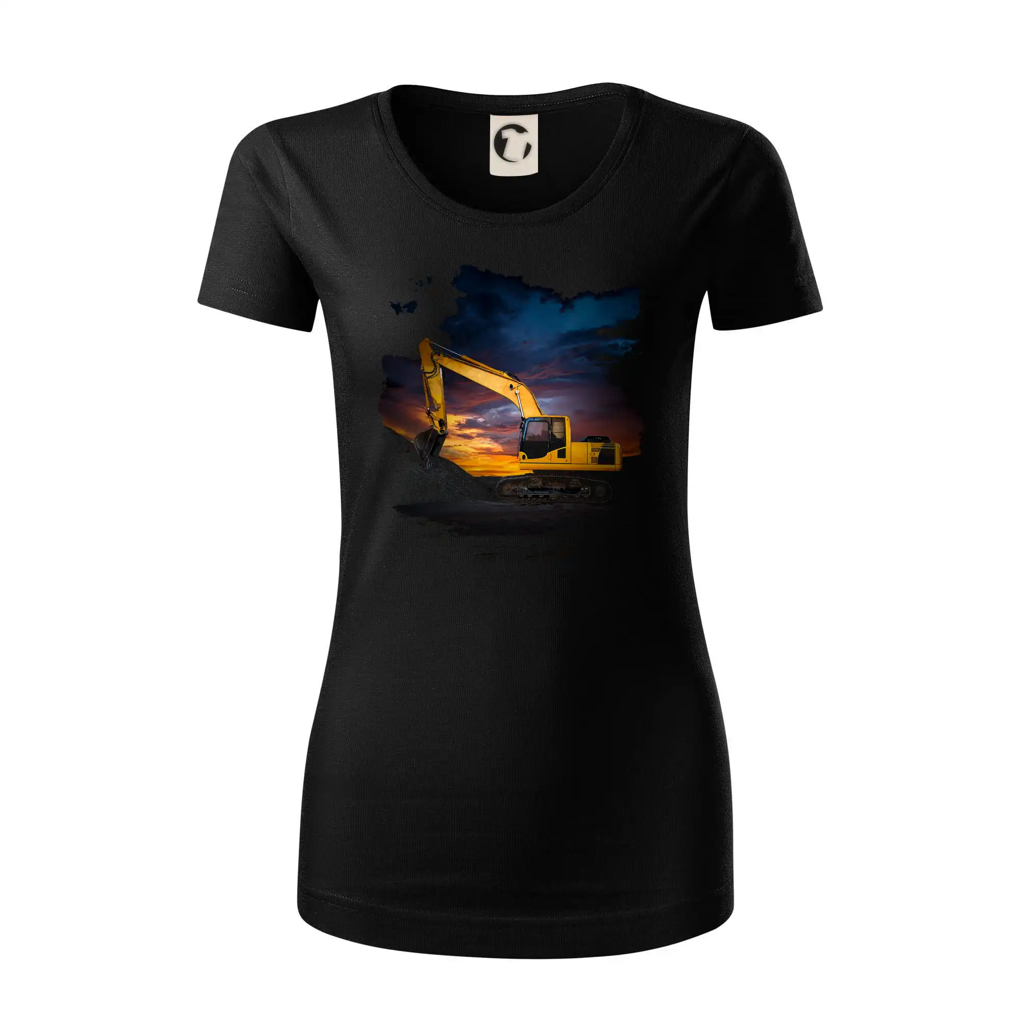 Vtipne tricka s potlacou traktorov a bagrov - Originalne oblecenie pre polnohospodarov   - Bager pri západe - Dámske tričko z organickej bavlny Origin (GOTS)