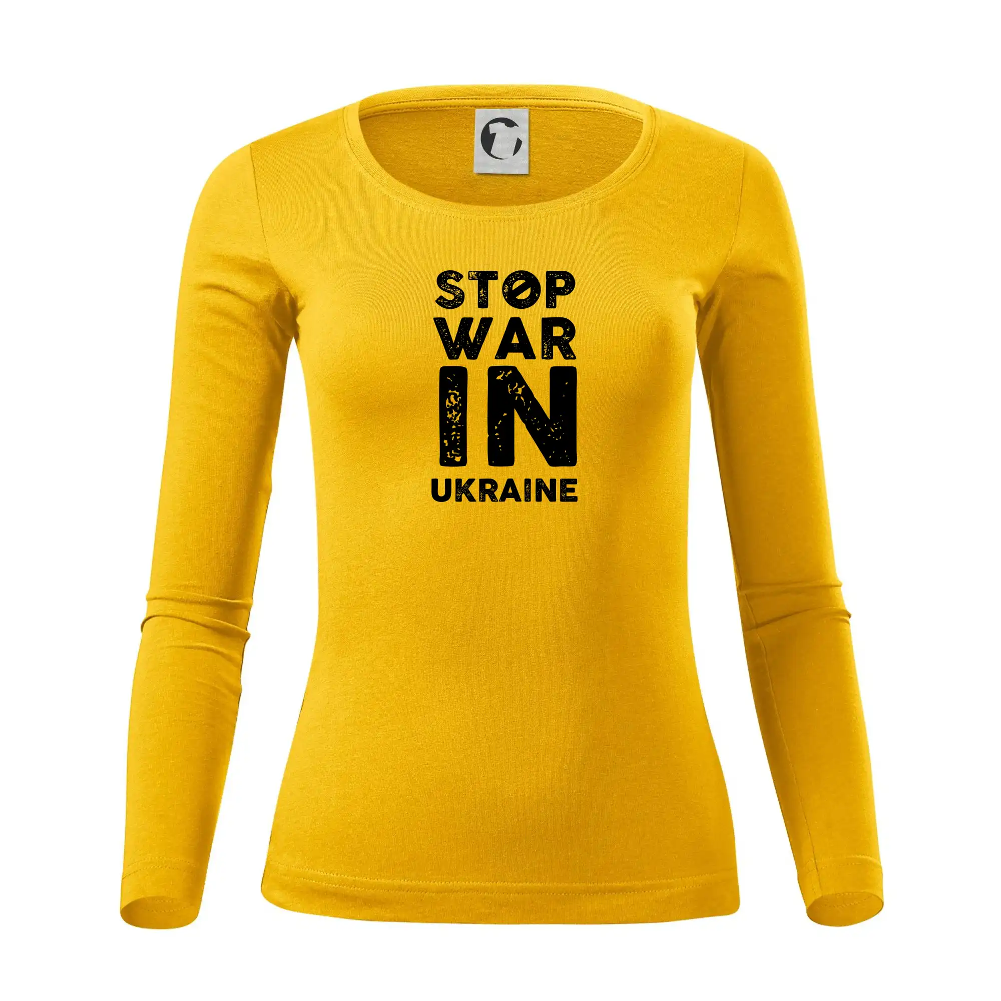 Tričká s vlajkou ukrajiny - Čierny nápis Stop war in Ukraine - Dámske tričko FIT-T LS - zužené