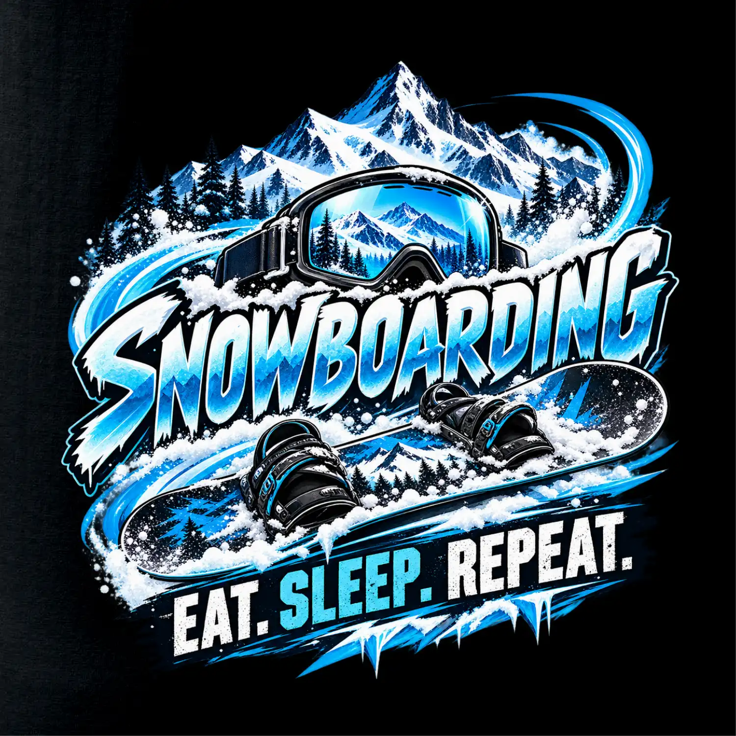 Snowboard s horským sněhem eat sleep repeat