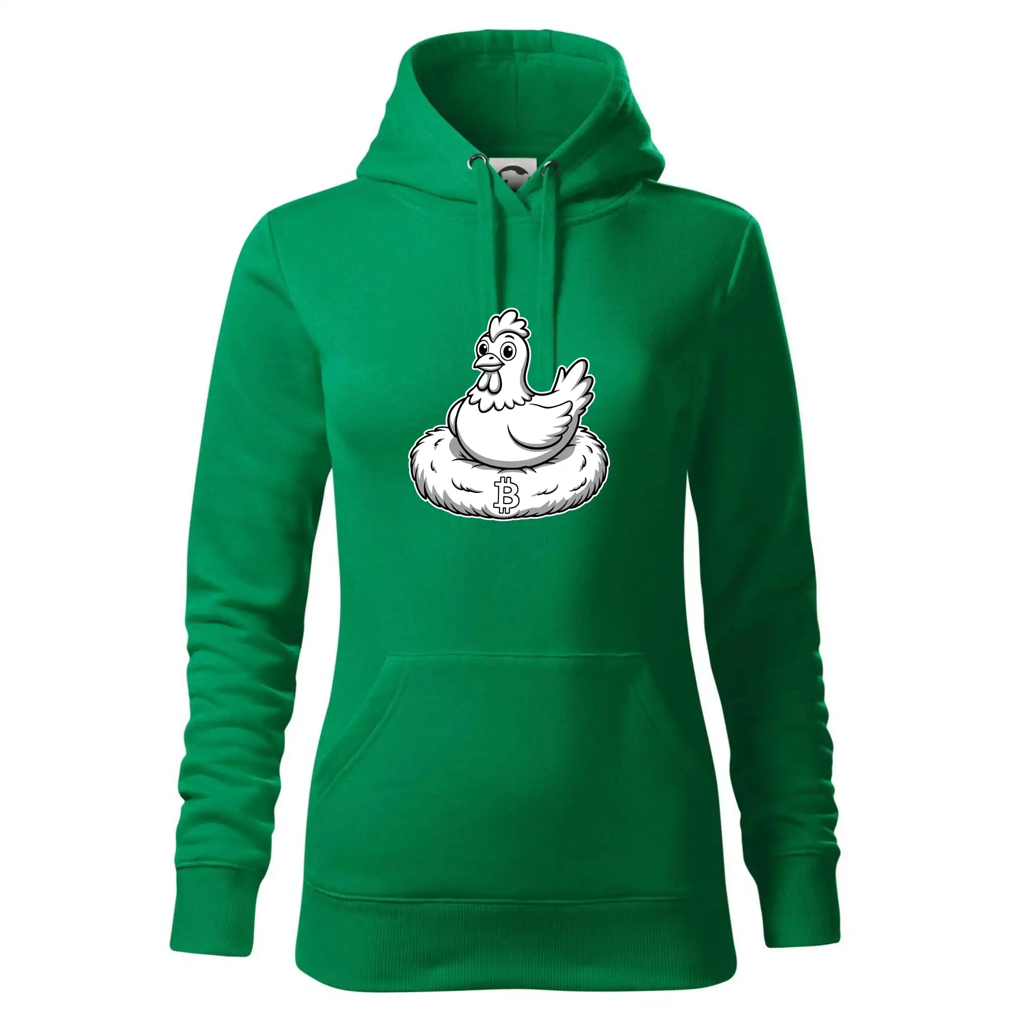 Kuře sedící na bitcoinovém hnízdě