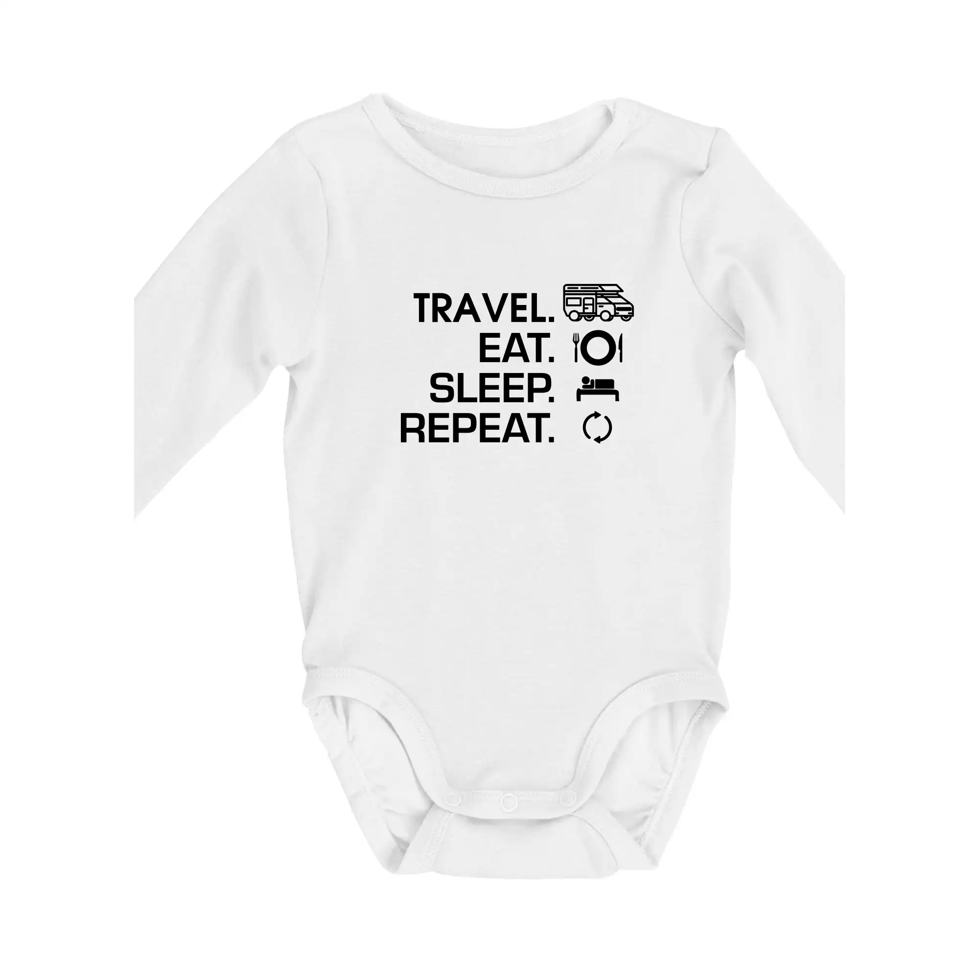 Trička na kempovanie - Eat sleep travel - alkovna - Body dojčenské s dlhým rukávom