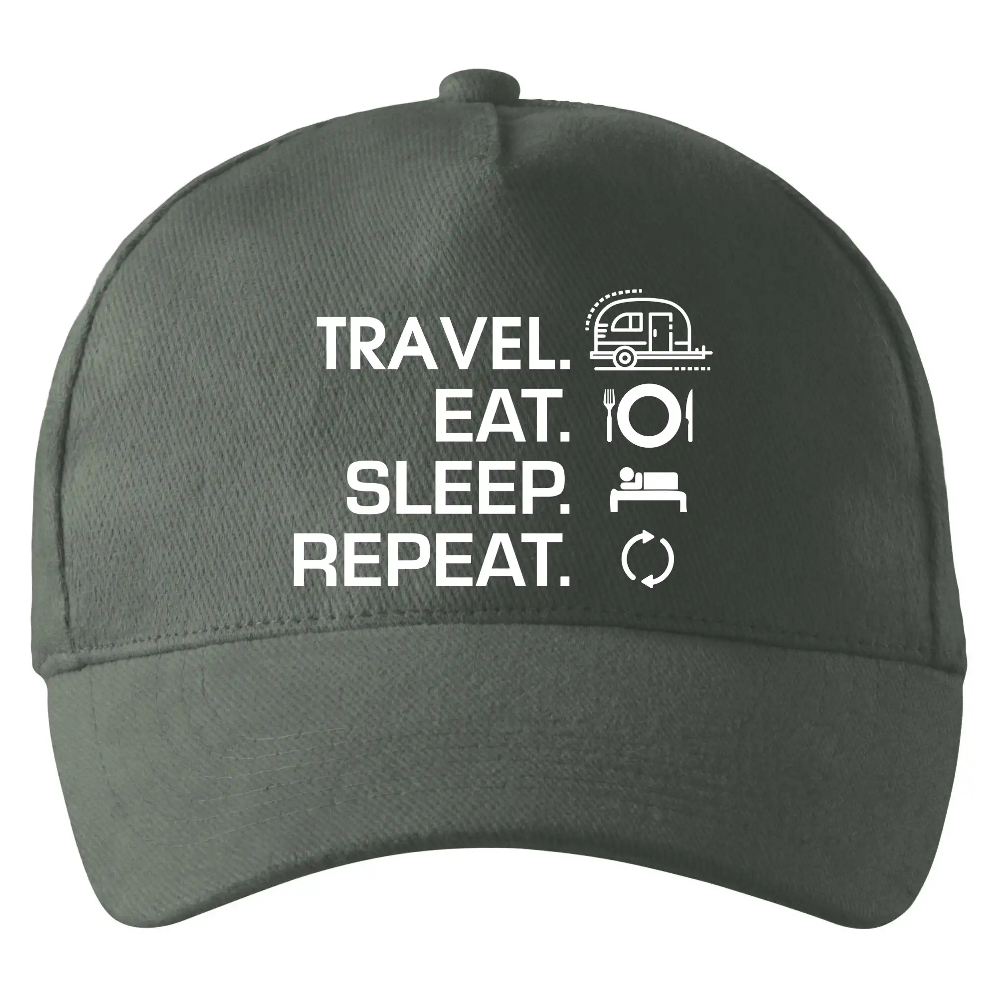 Trička na kempovanie - Eat sleep travel - Malý príves - Šiltovka so zahnutým šiltom a mosaznou sponou