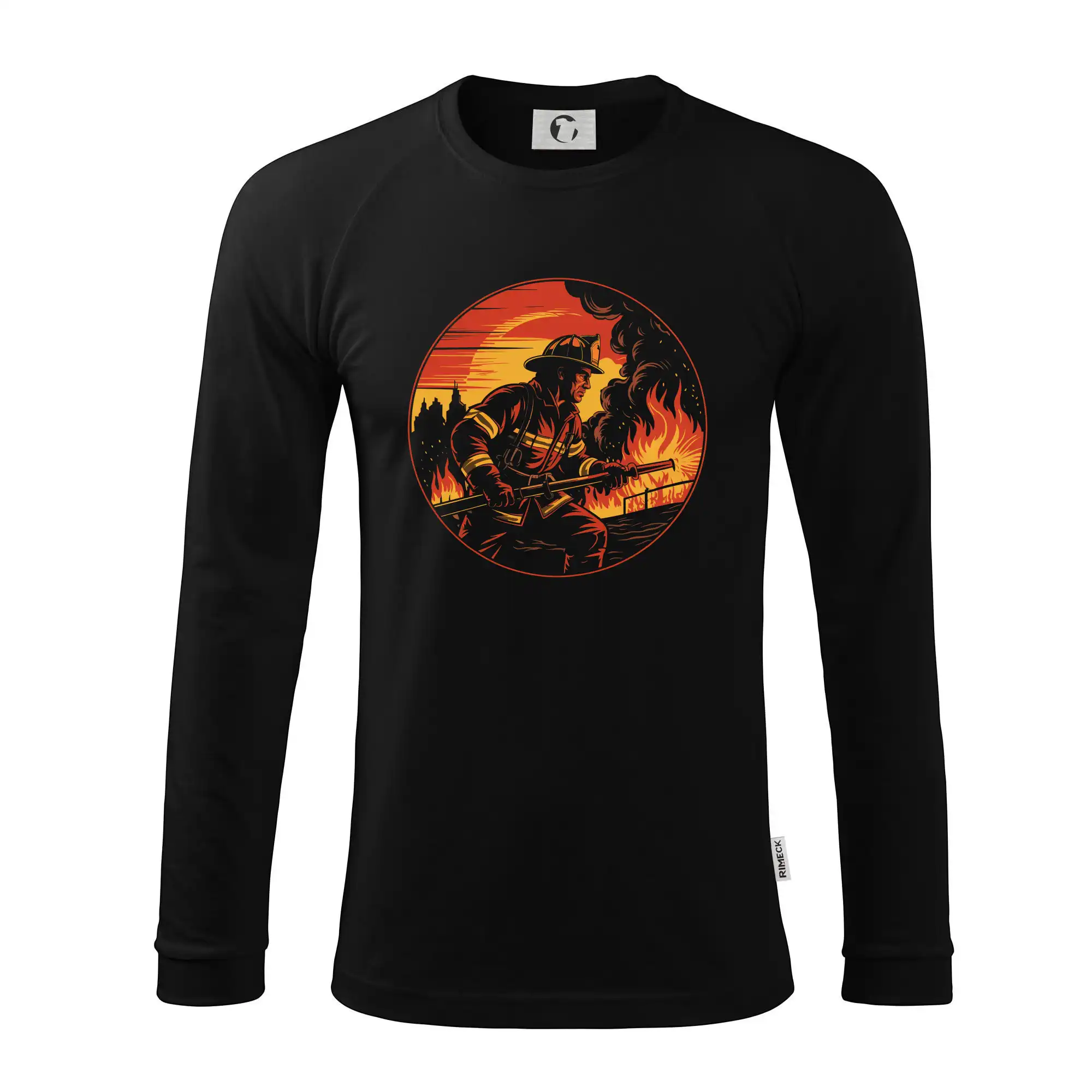 Originálne tričká pre hasičov - Hasič v kruhu hasí oheň - Pánske tričko s dlhým rukávom LS130