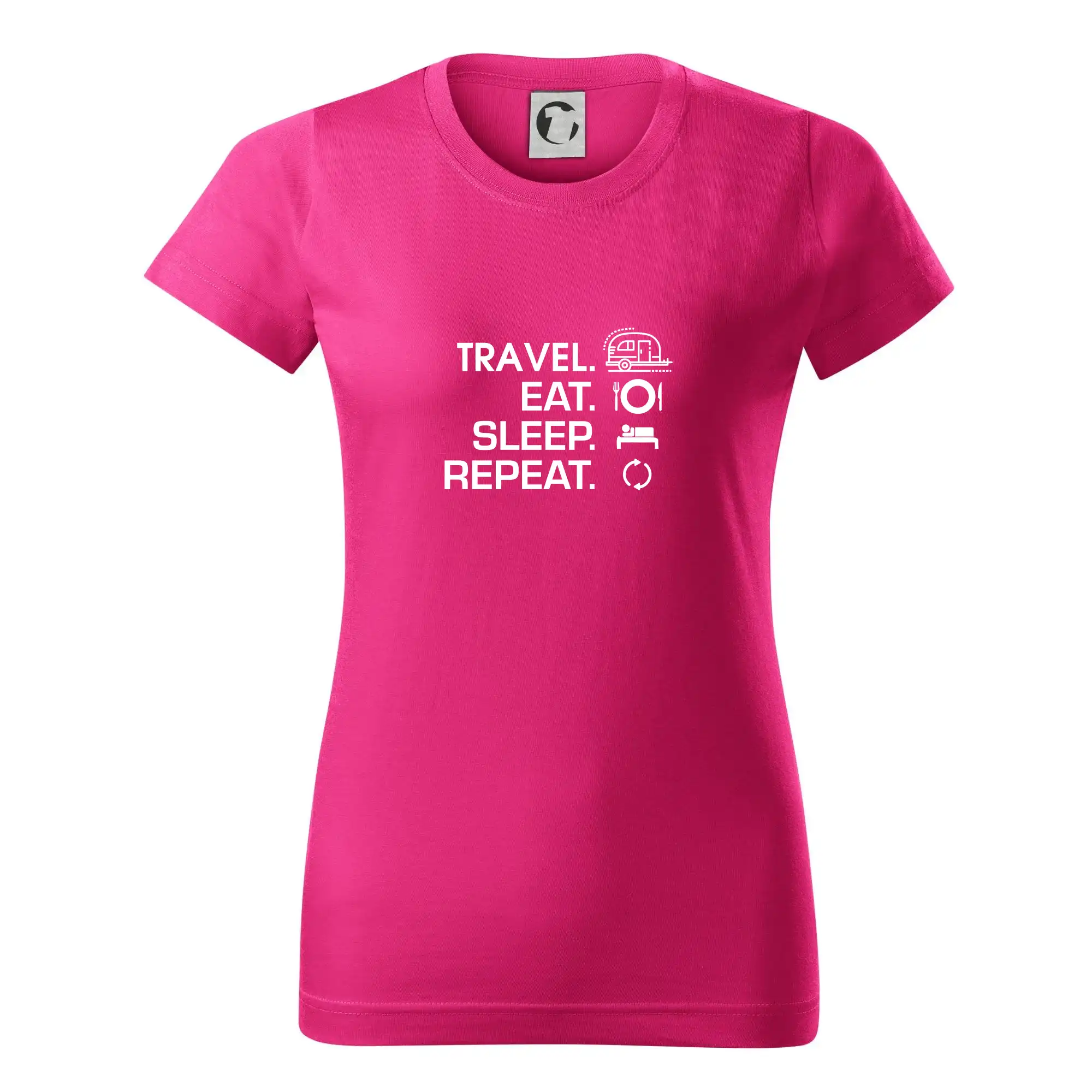 Trička na kempovanie - Eat sleep travel - Malý príves - Dámske tričko basic - ľahko voľnejšie a dlhšie