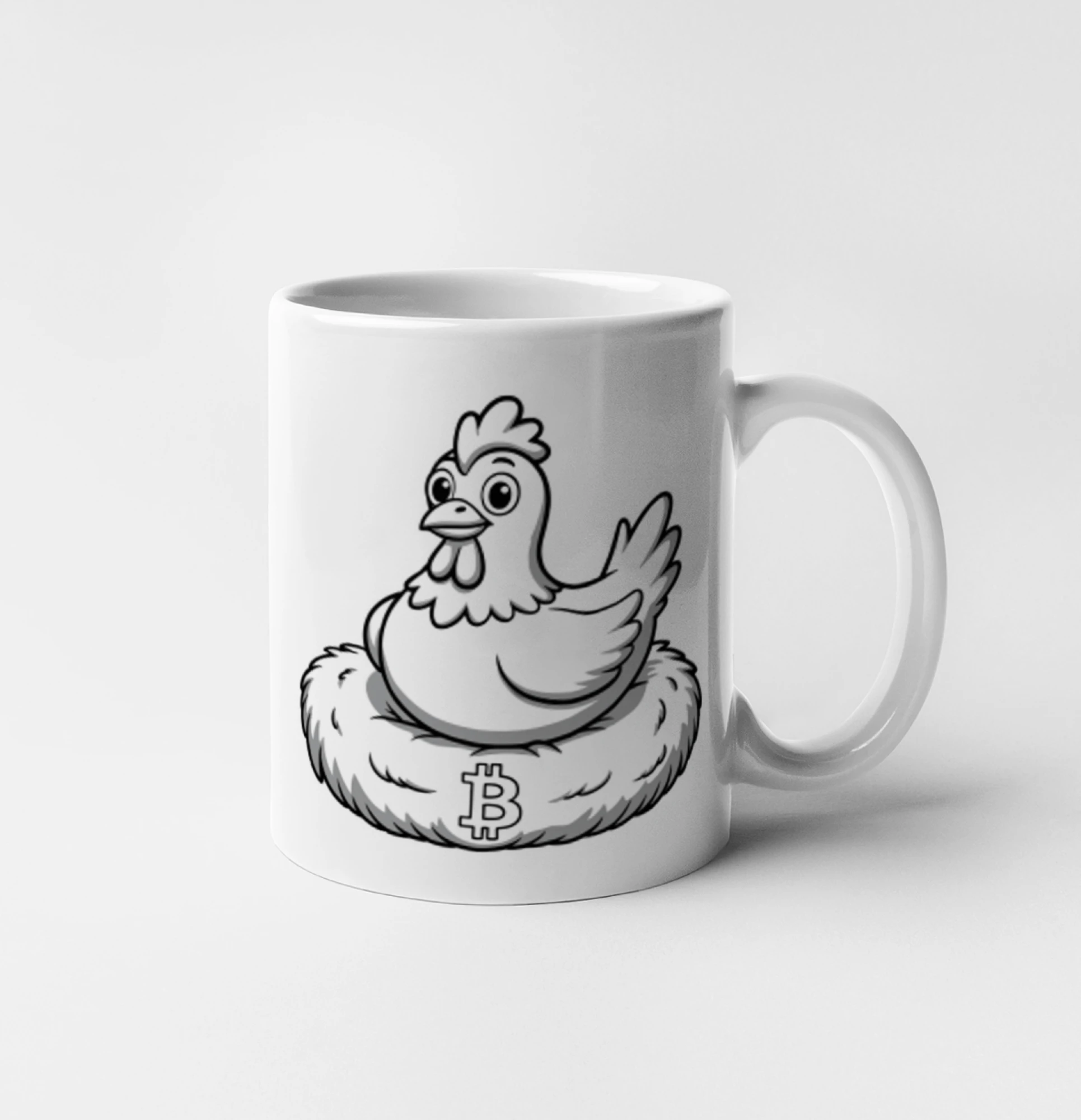 Kuře sedící na bitcoinovém hnízdě