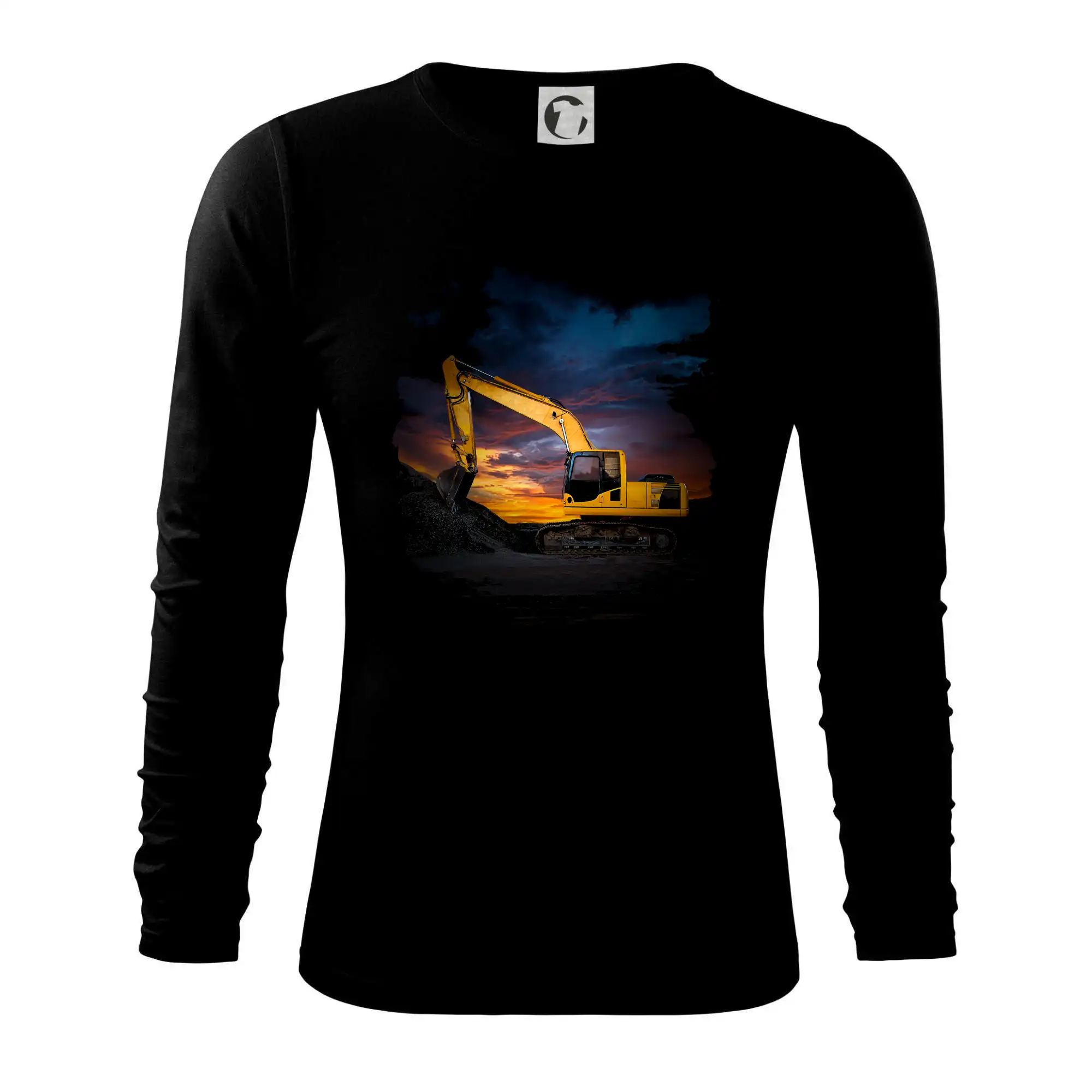 Vtipne tricka s potlacou traktorov a bagrov - Originalne oblecenie pre polnohospodarov   - Bager pri západe - Tričko s dlhým rukávom FIT-T long sleeve