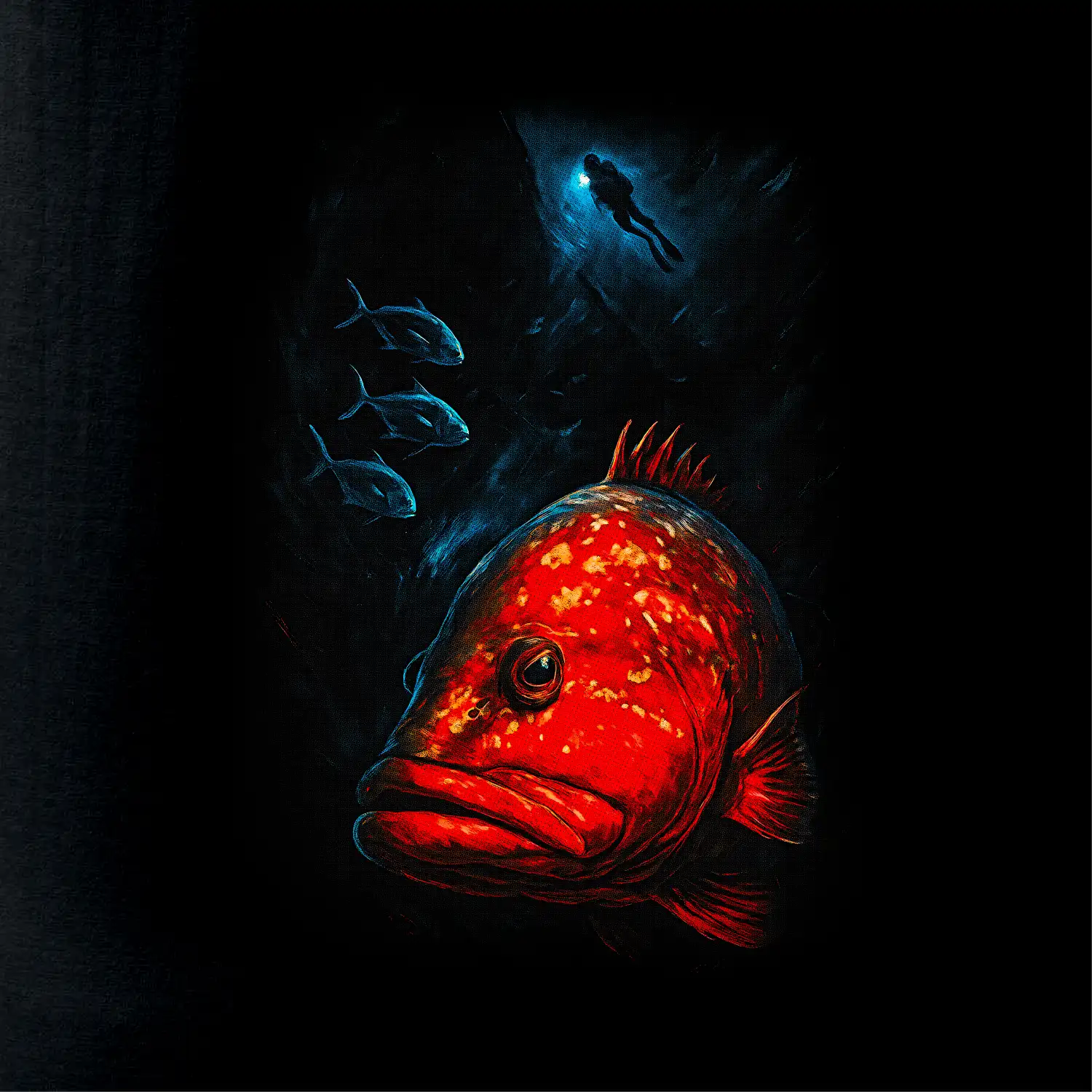 Červená ryba s potapěčem v pozadí