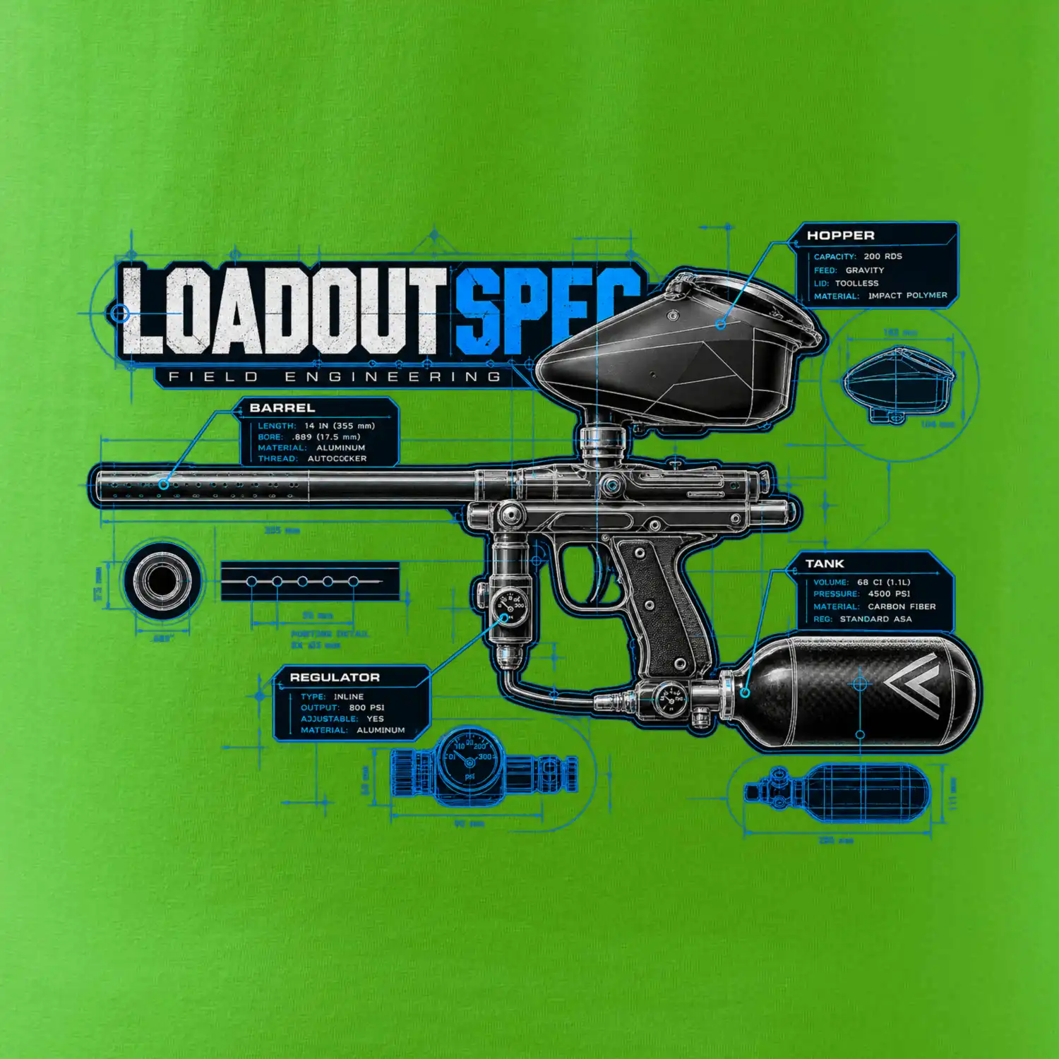 Technický výkres loadout spec paintball