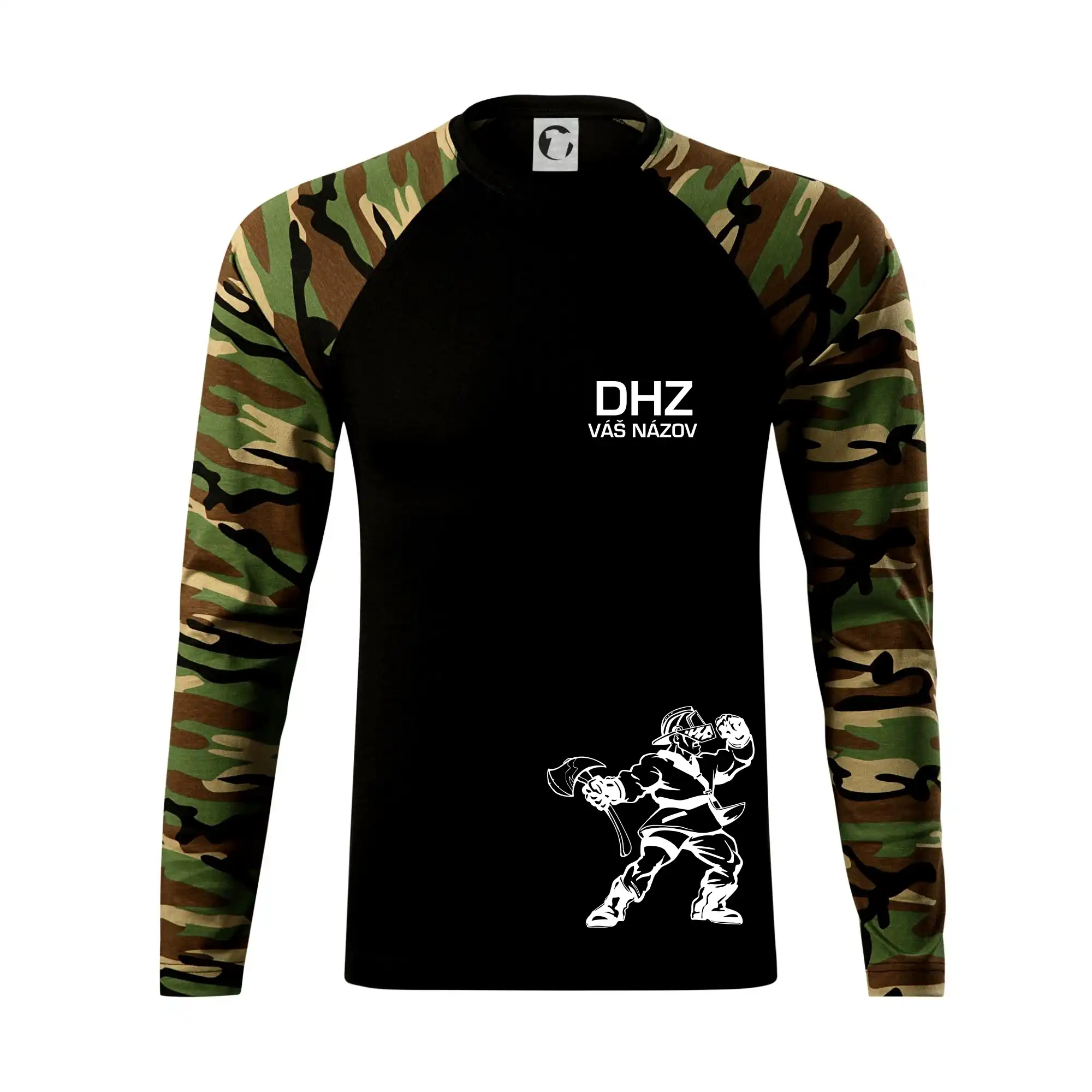 Originálne tričká pre hasičov - DHZ postava - vlastný názov - Camouflage LS