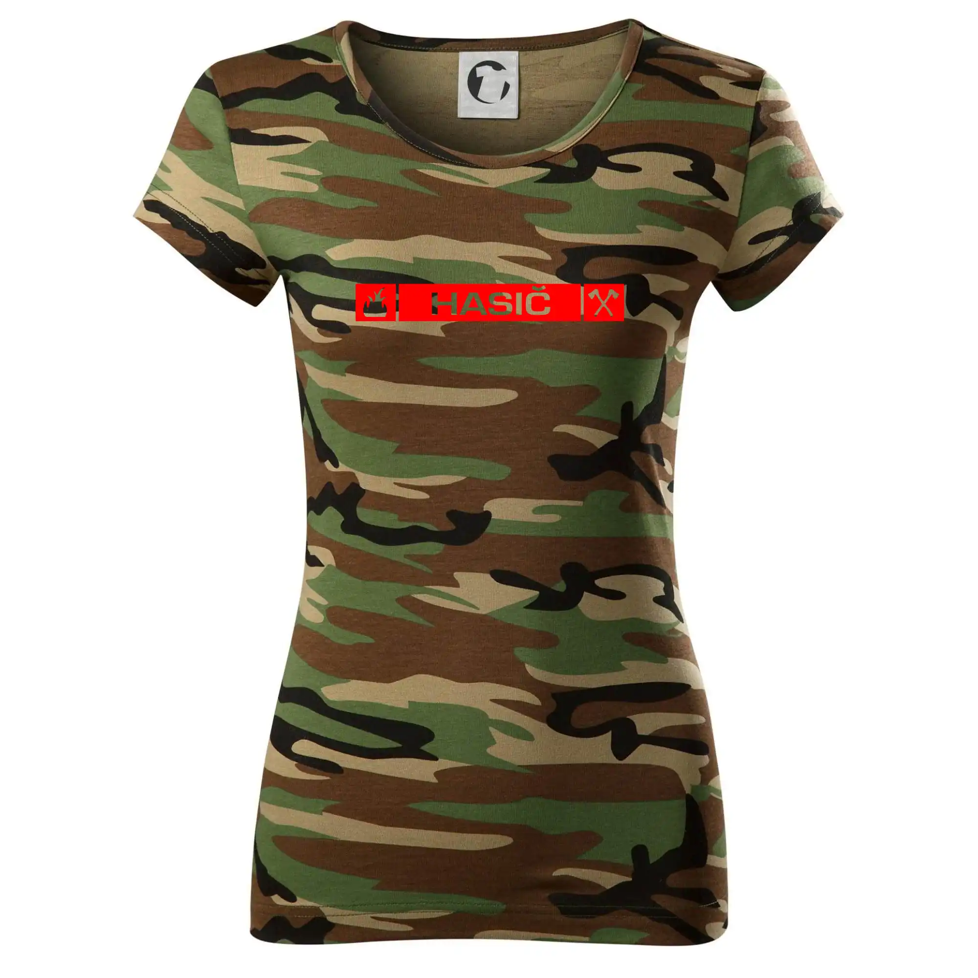 Originálne tričká pre hasičov - Hasiči predný znak - Dámske maskáčové tričko