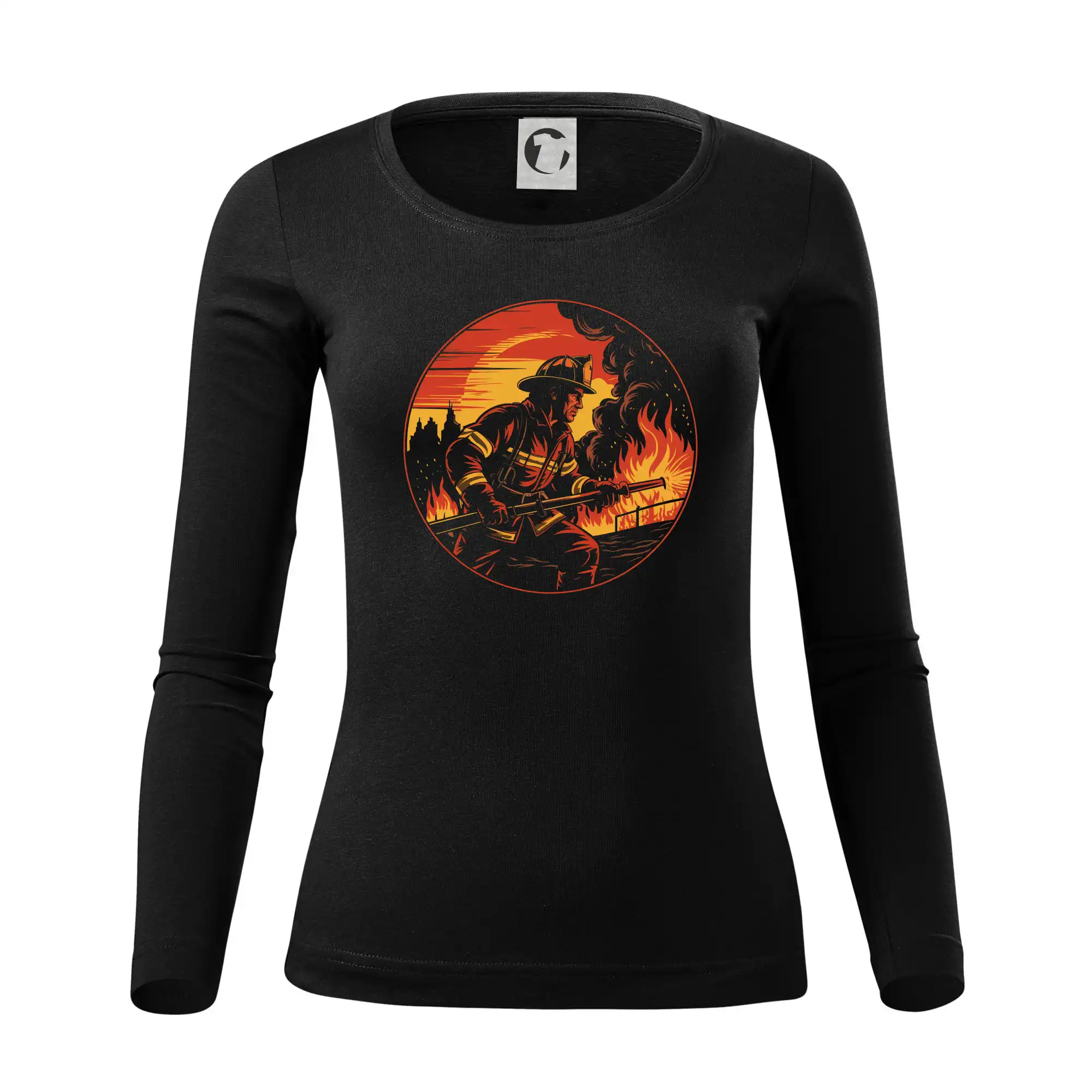 Originálne tričká pre hasičov - Hasič v kruhu hasí oheň - Dámske tričko FIT-T LS - zužené