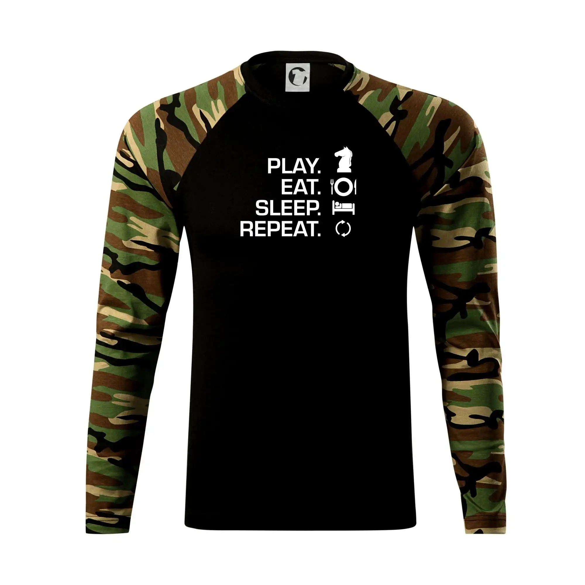 Tričká a mikiny so spoločenskými hrami  - Eat sleep play - šach - Camouflage LS