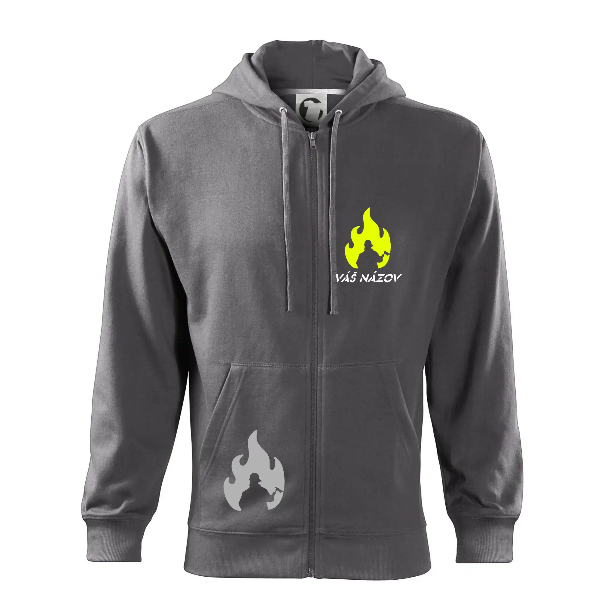 Originálne tričká pre hasičov - Hasiči - oheň - Váš názov - Prsník + chrbát - Mikina s kapucňou na zips trendy zipper