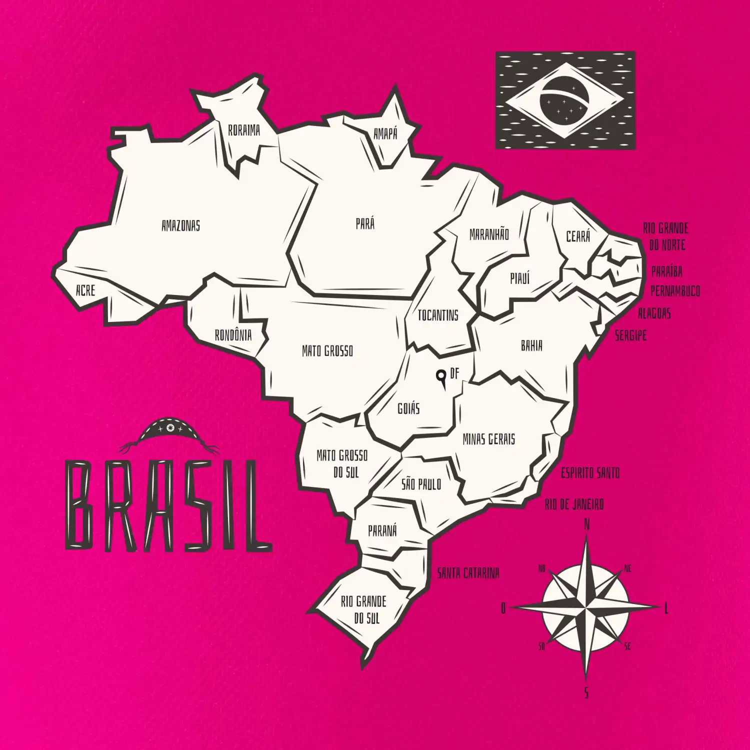 Brazílie mapa s názvy regionů