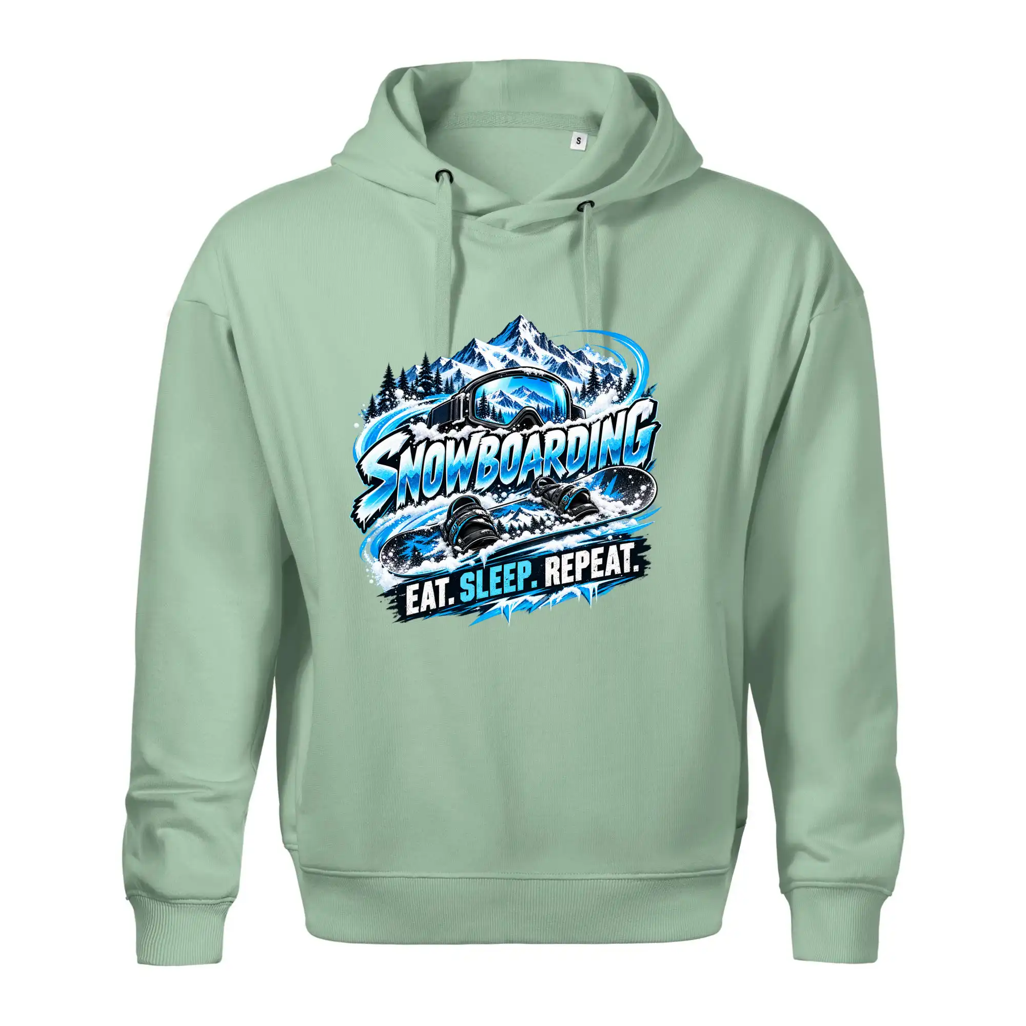 Snowboard s horským sněhem eat sleep repeat