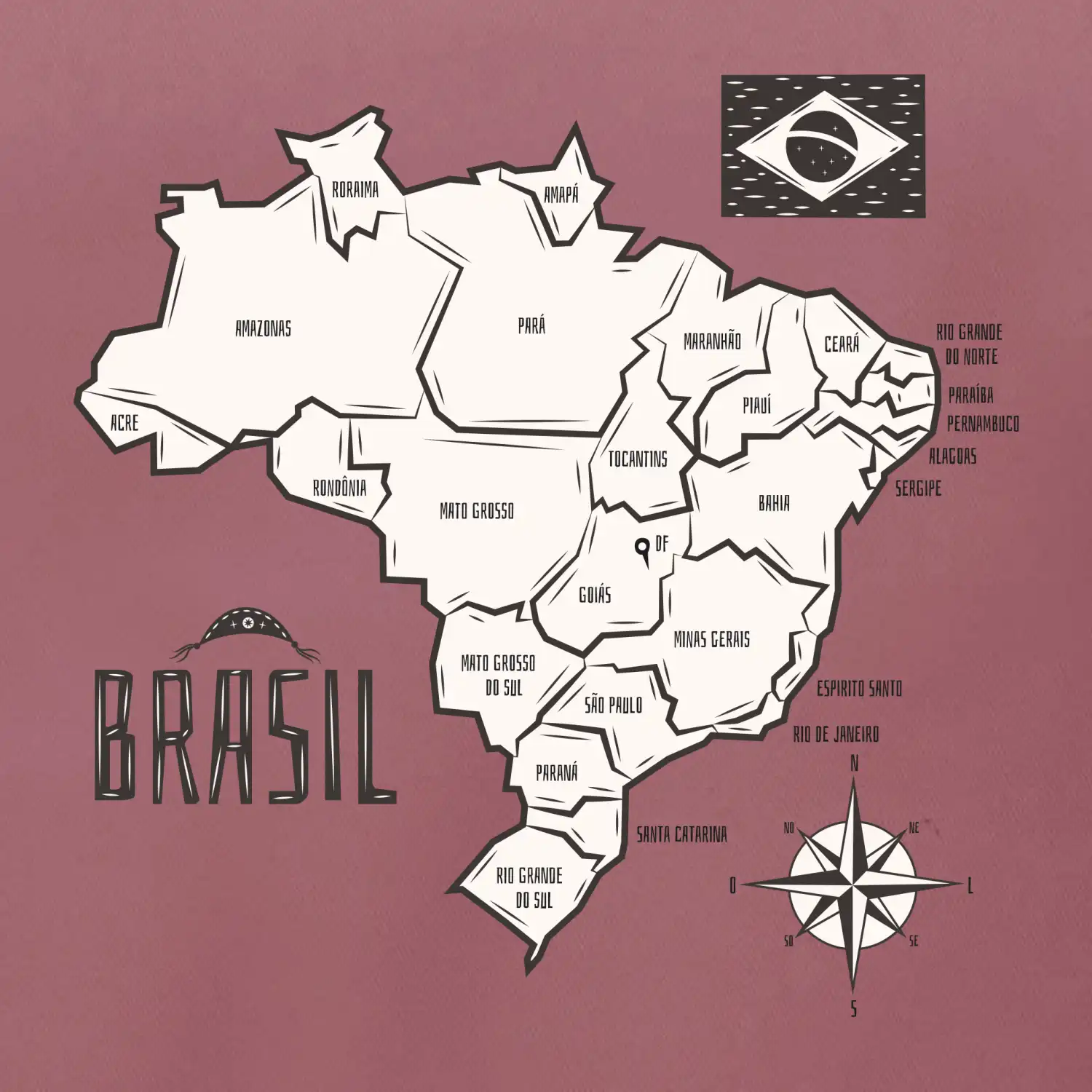 Brazílie mapa s názvy regionů