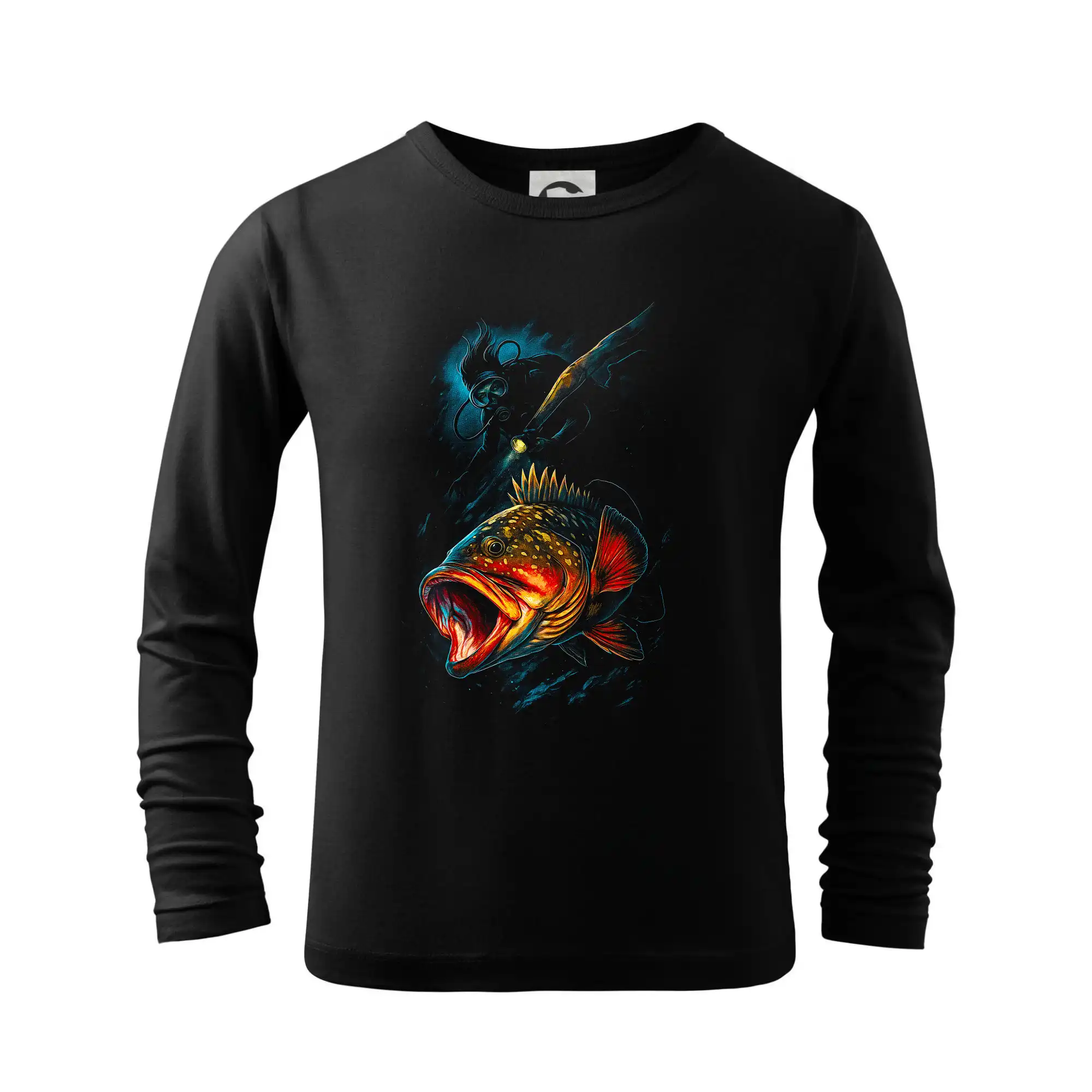 Tričká pre rybárov s potlačou - Ryba s otvorenou papuľou a potápač - Tričko detské Long Sleeve